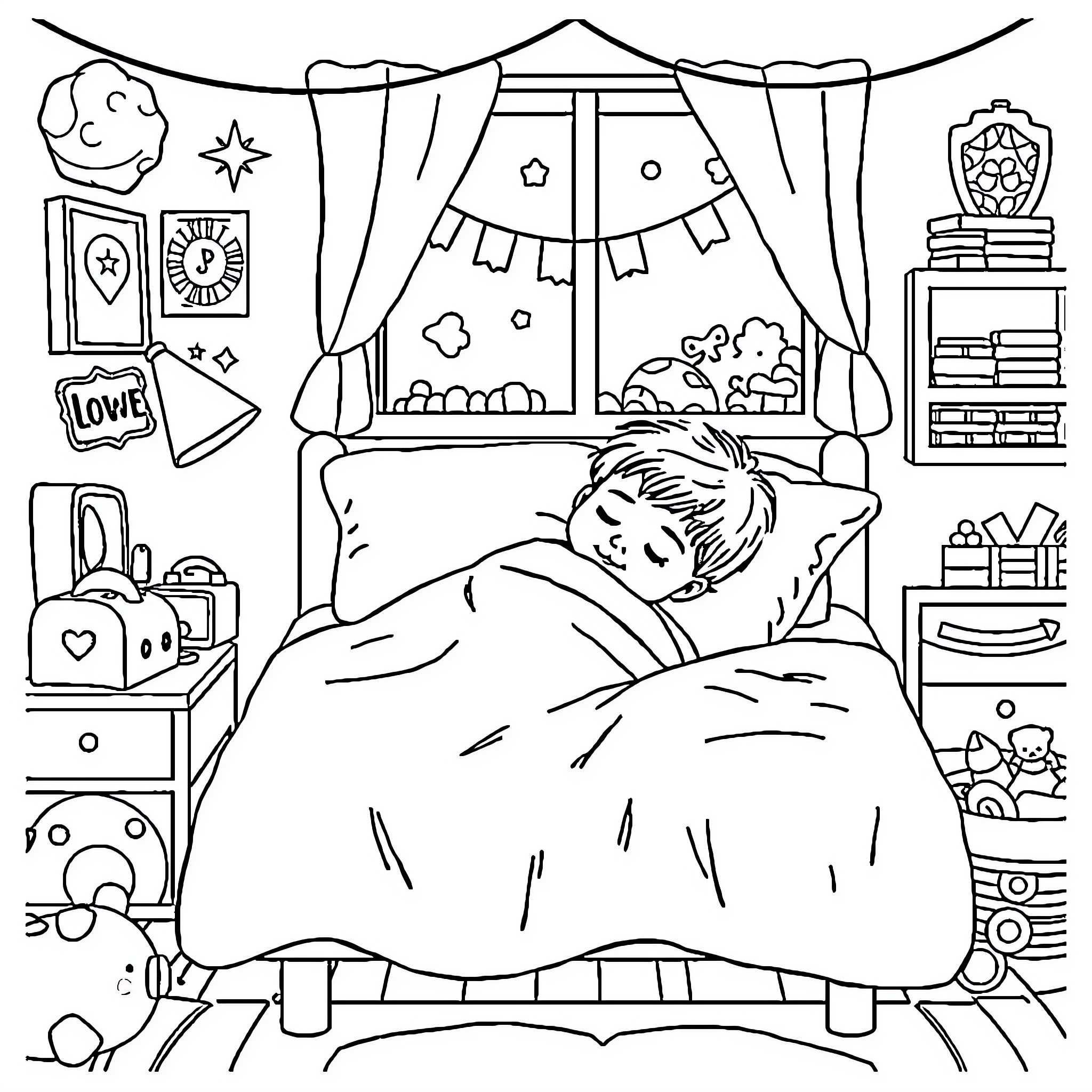 Boy sleeping peacefully in cozy bedroom Coloring Page (free black-and-white line drawing printable PDF for all, from beginners to advanced learners, including children, teens, adults, and seniors)