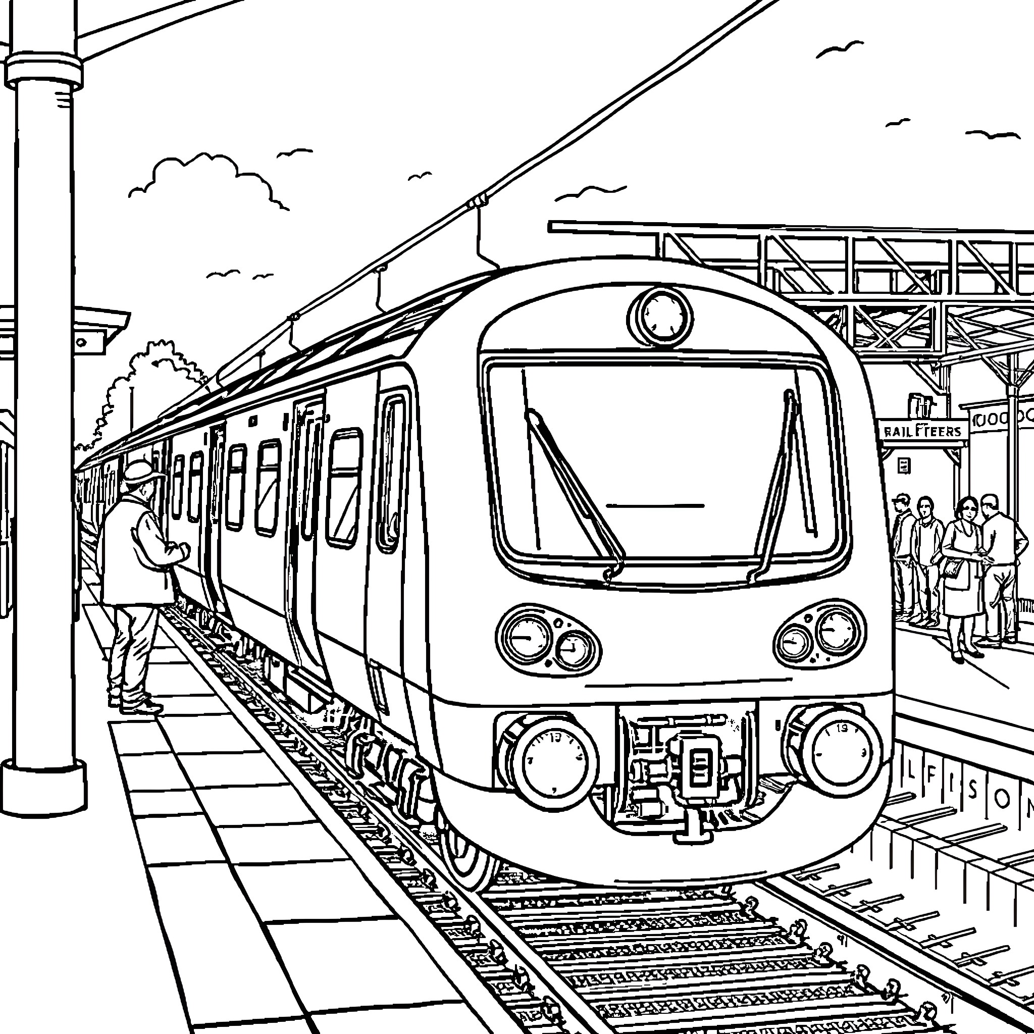Train arriving at the bustling station platform Coloring Page (free black-and-white line drawing printable PDF for all, from beginners to advanced learners, including children, teens, adults, and seniors)