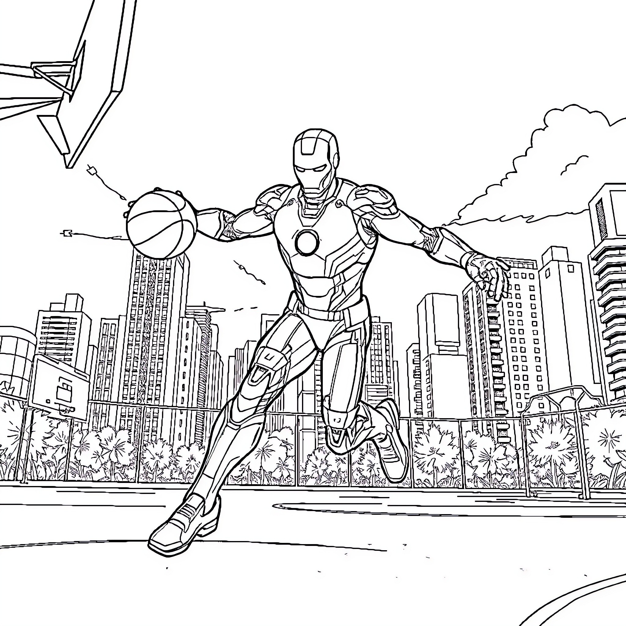 Iron Man soaring over the city skyline Coloring Page (free black-and-white line drawing printable PDF for all, from beginners to advanced learners, including children, teens, adults, and seniors)