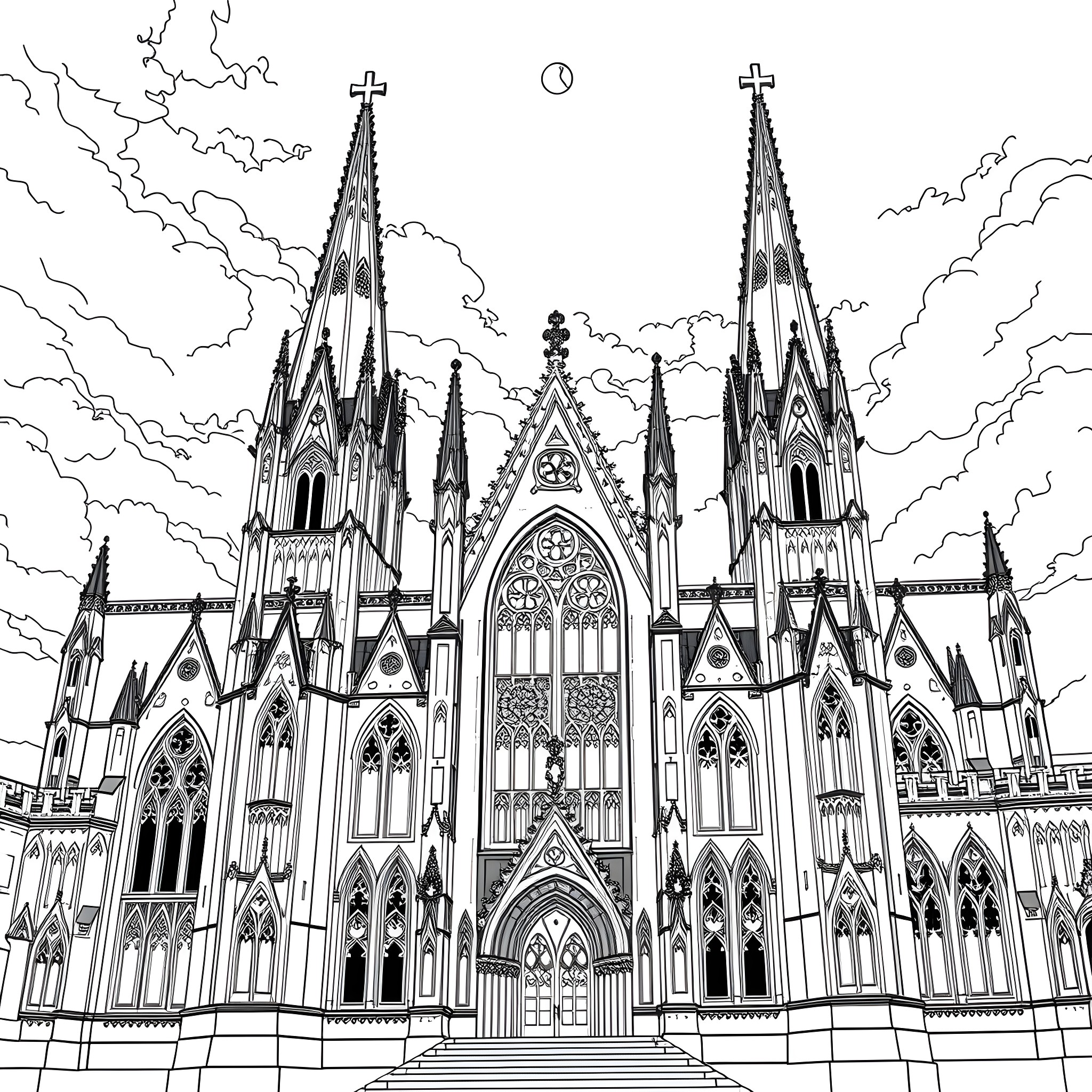 Gothic Architecture of an Ornate Cathedral Coloring Page (free black-and-white line drawing printable PDF for all, from beginners to advanced learners, including children, teens, adults, and seniors)