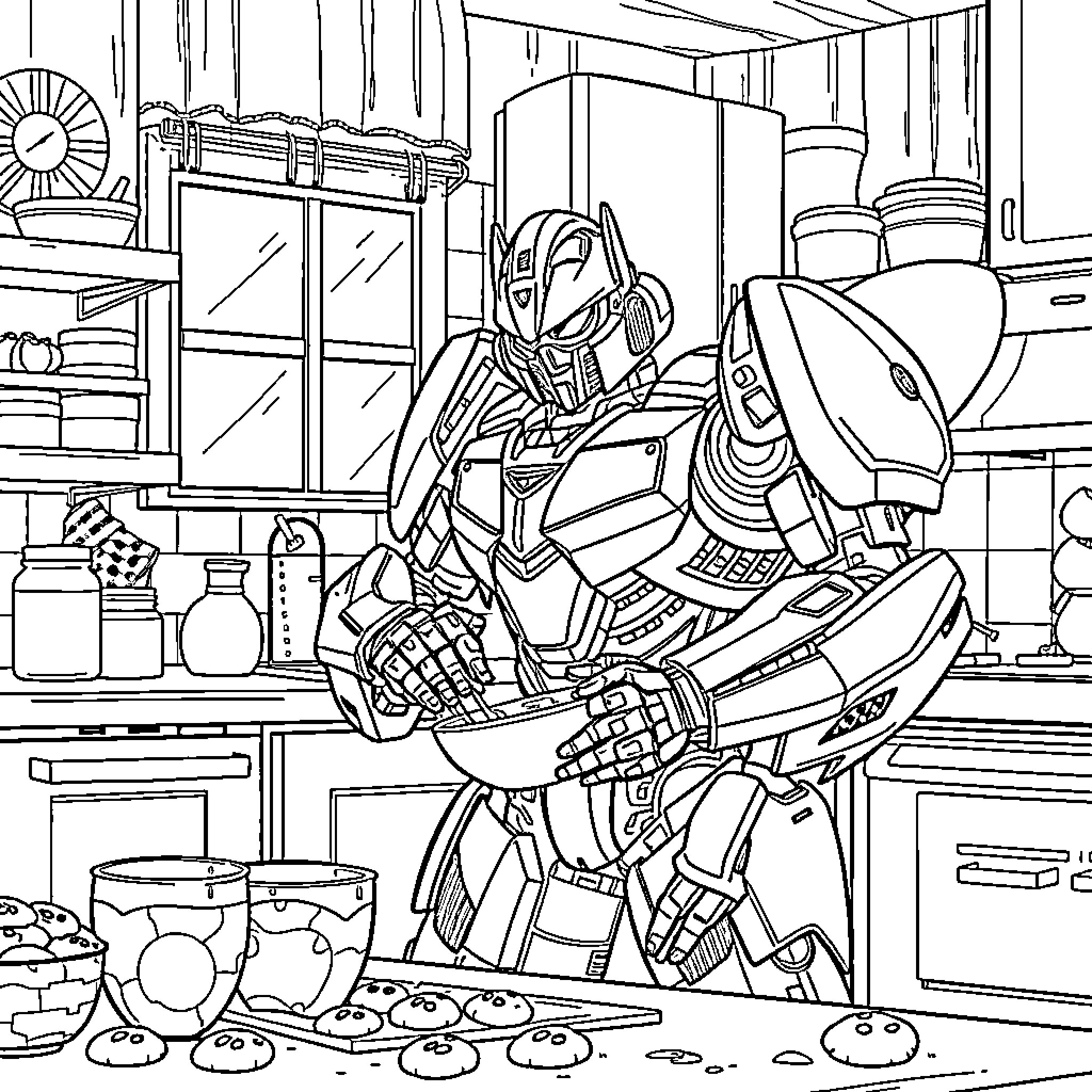 Bumblebee exploring the human kitchen environment Coloring Page (free black-and-white line drawing printable PDF for all, from beginners to advanced learners, including children, teens, adults, and seniors)