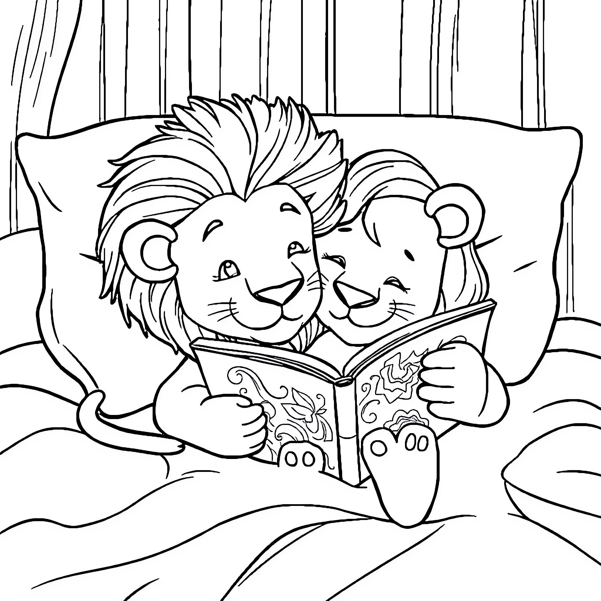 Lion couple reading a book together Coloring Page (free black-and-white line drawing printable PDF for all, from beginners to advanced learners, including children, teens, adults, and seniors)