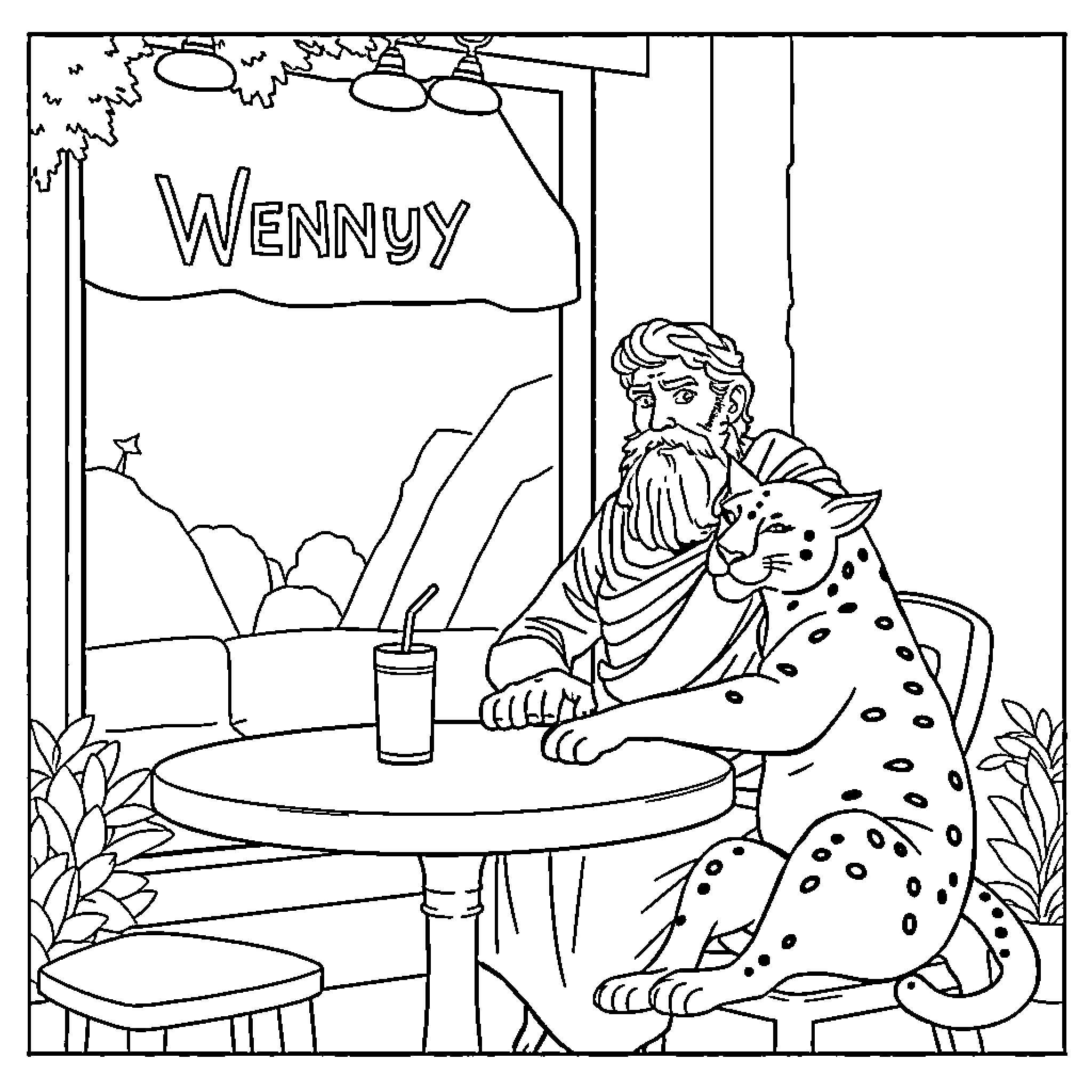 Panther resting with human companion at cafe Coloring Page (free black-and-white line drawing printable PDF for all, from beginners to advanced learners, including children, teens, adults, and seniors)