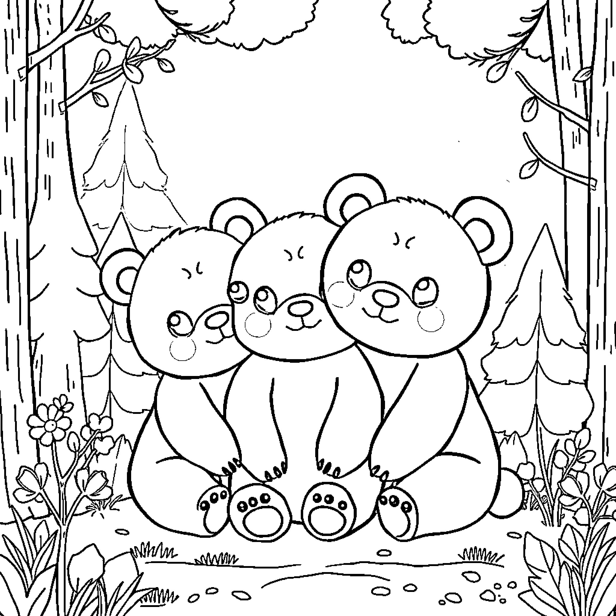 Bear family exploring the forest Coloring Page (free black-and-white line drawing printable PDF for all, from beginners to advanced learners, including children, teens, adults, and seniors)