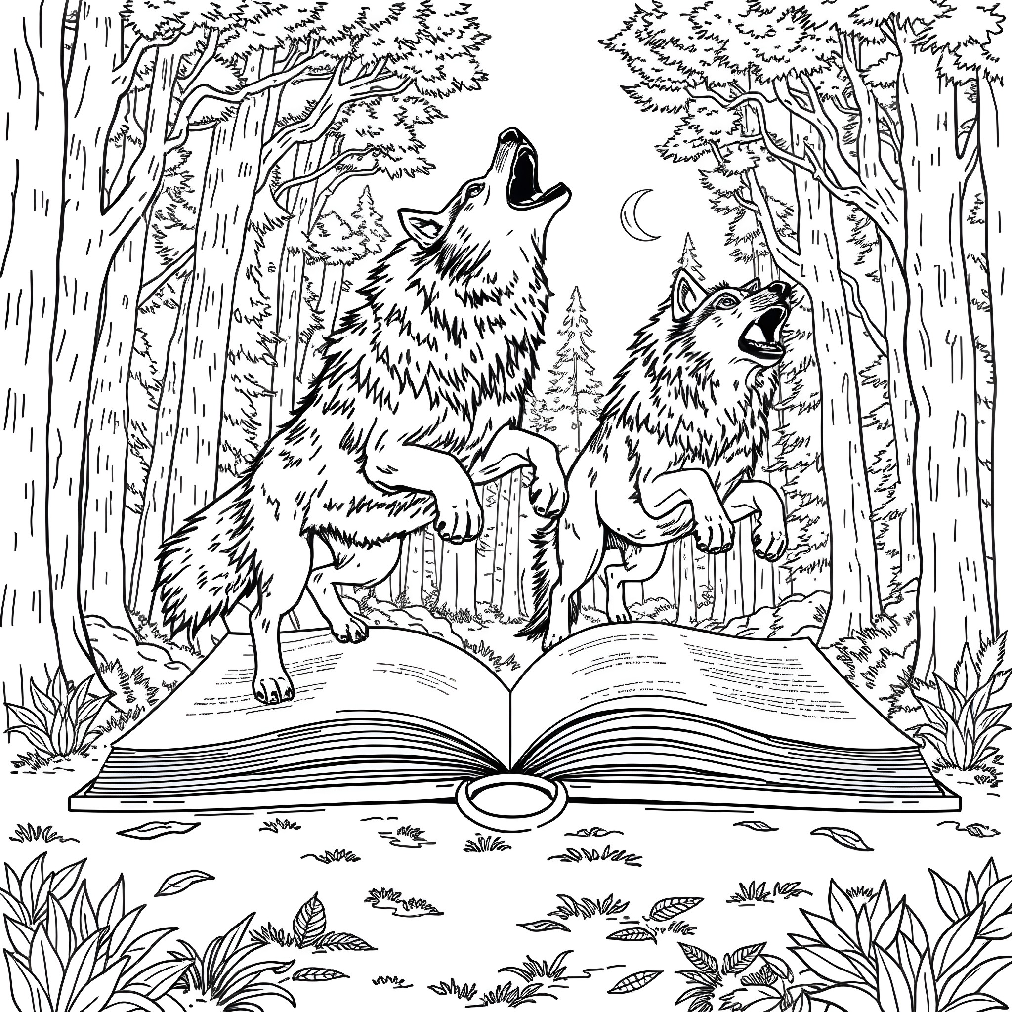 Wolf Howling Duo in Enchanted Forest Coloring Page (free black-and-white line drawing printable PDF for all, from beginners to advanced learners, including children, teens, adults, and seniors)