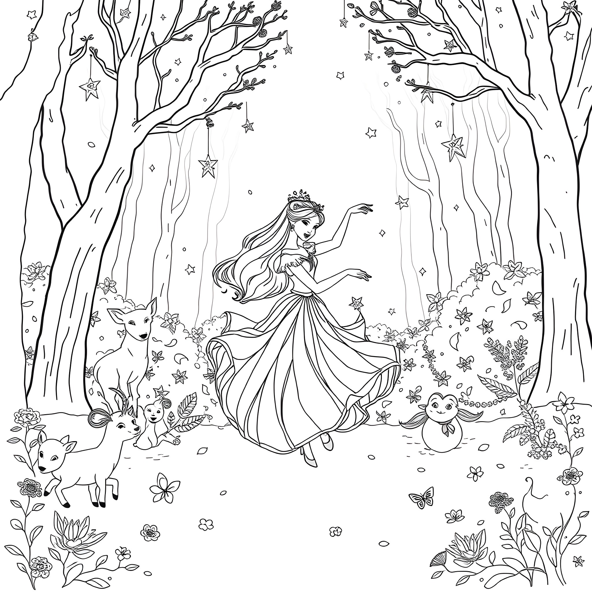 Aurora's Enchanting Forest Adventure Coloring Page (free black-and-white line drawing printable PDF for all, from beginners to advanced learners, including children, teens, adults, and seniors)