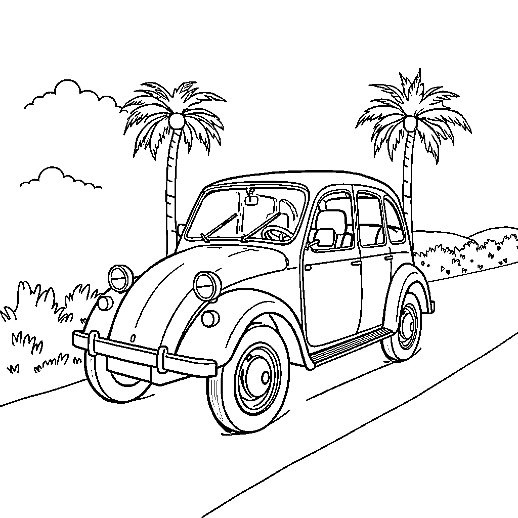 Capybara driving retro car on tropical road Coloring Page (free black-and-white line drawing printable PDF for all, from beginners to advanced learners, including children, teens, adults, and seniors)