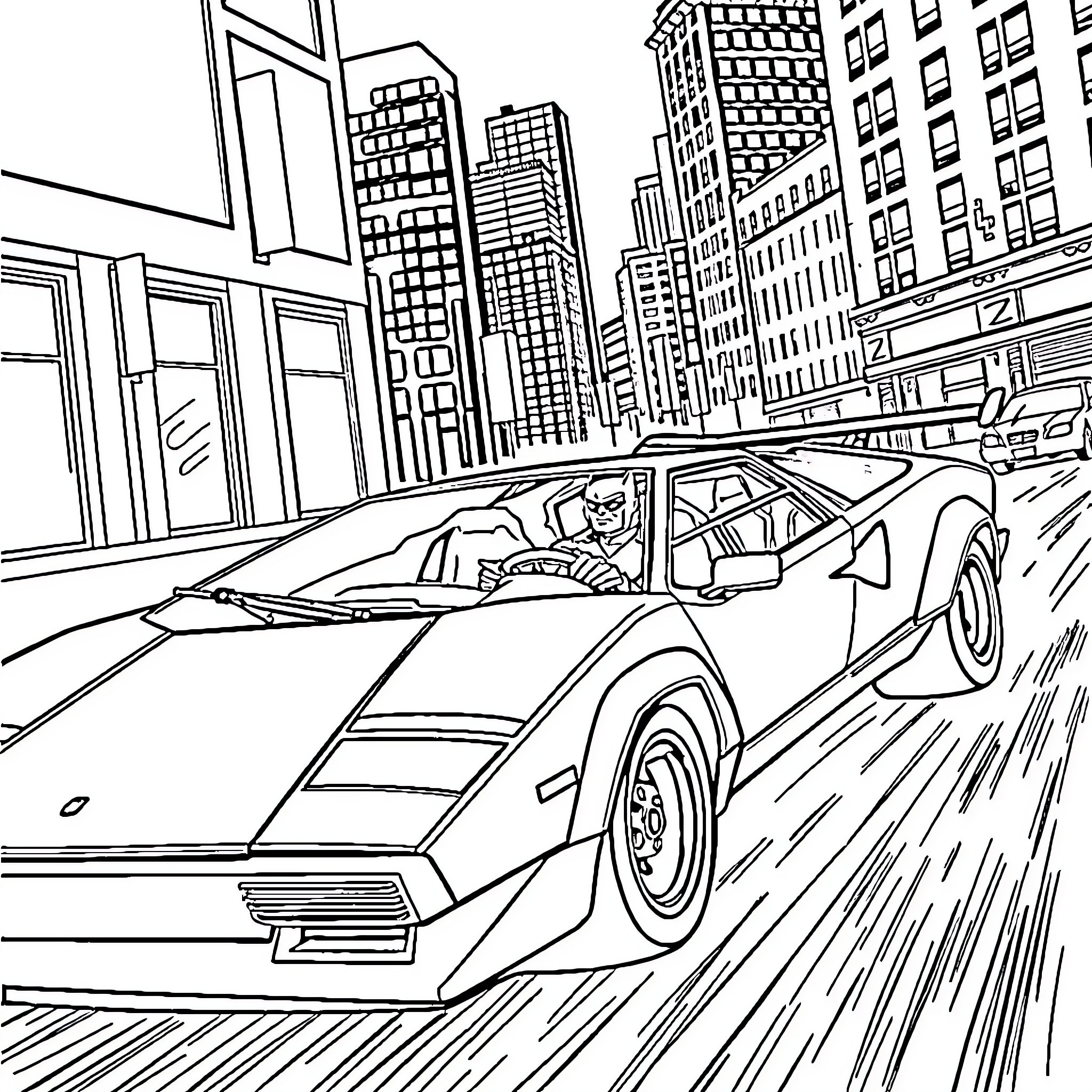 Batman driving sports car through city streets Coloring Page (free black-and-white line drawing printable PDF for all, from beginners to advanced learners, including children, teens, adults, and seniors)