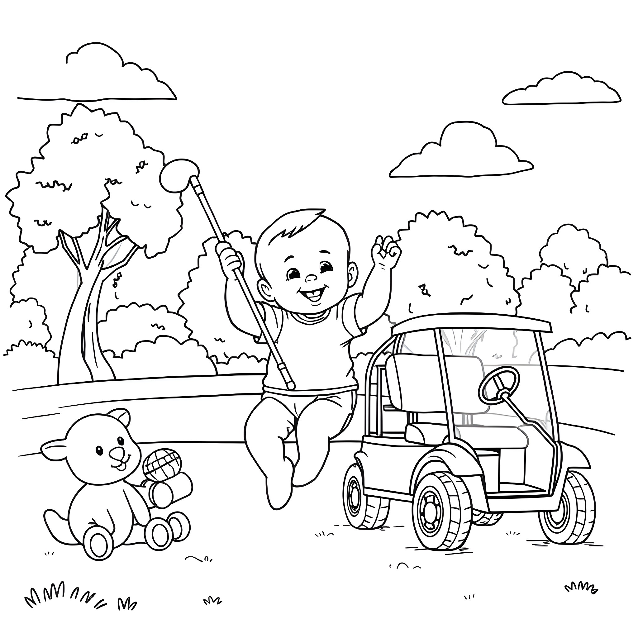 Baby playing happily with toys in the park Coloring Page (free black-and-white line drawing printable PDF for all, from beginners to advanced learners, including children, teens, adults, and seniors)