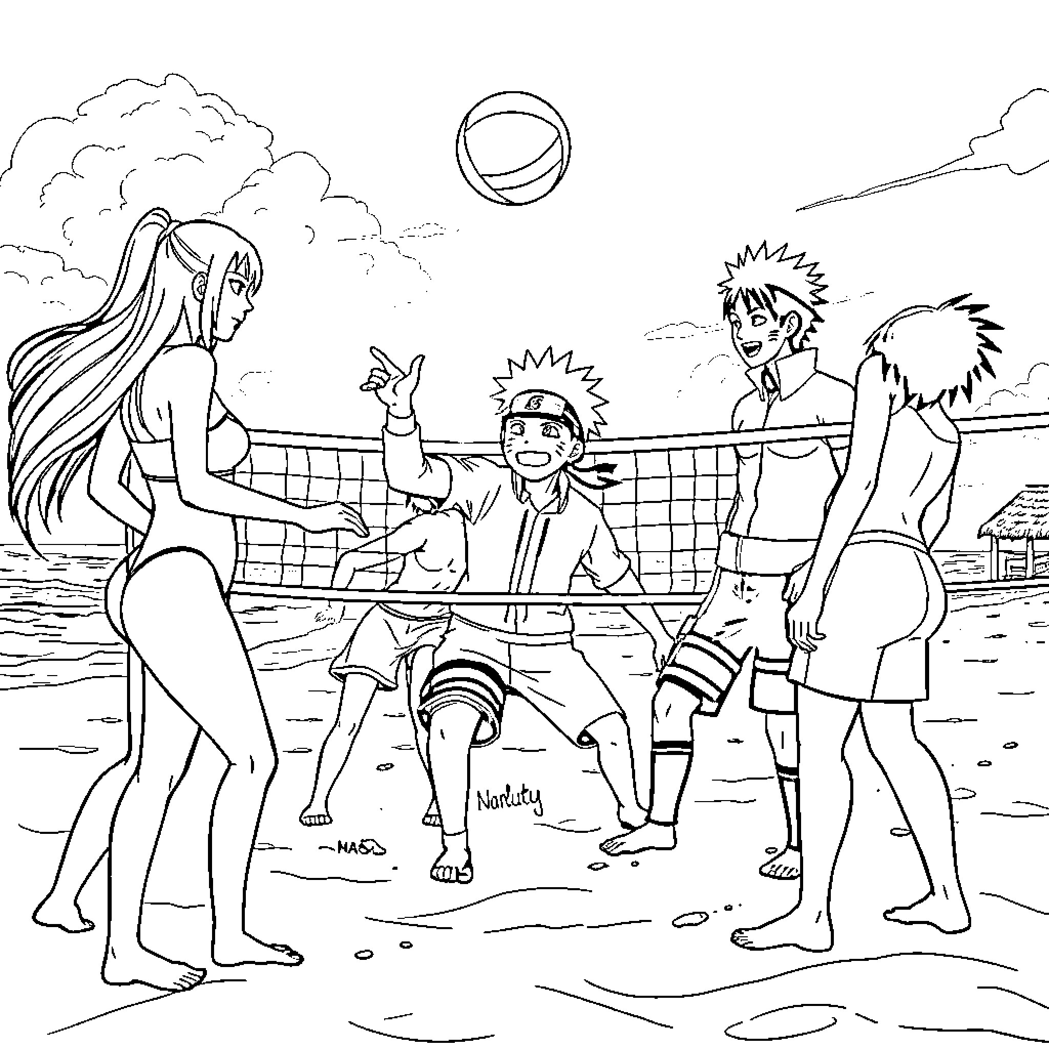 Naruto and friends playing beach volleyball Coloring Page (free black-and-white line drawing printable PDF for all, from beginners to advanced learners, including children, teens, adults, and seniors)