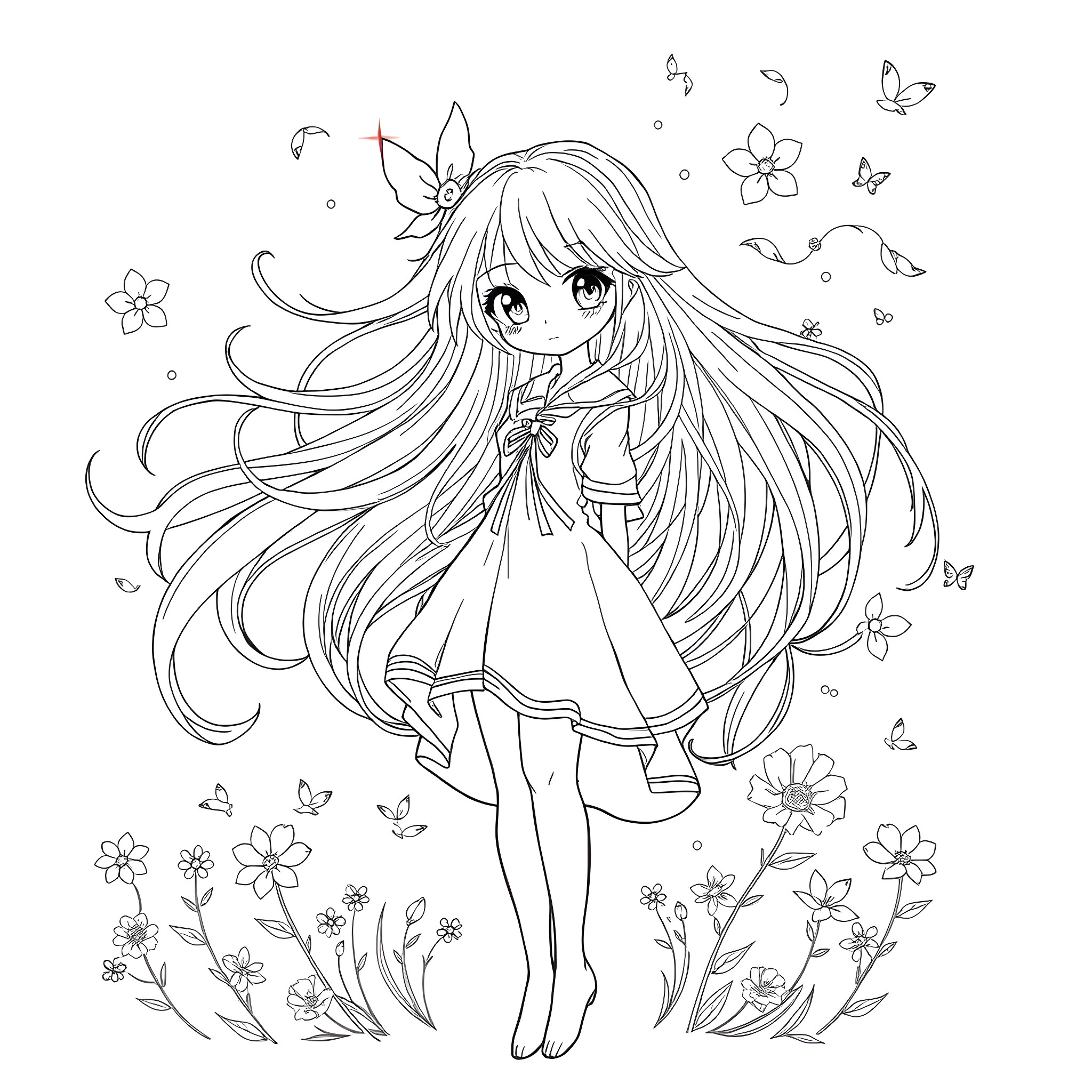 Anime Girl in Floral Garden Coloring Page (free black-and-white line drawing printable PDF for all, from beginners to advanced learners, including children, teens, adults, and seniors)