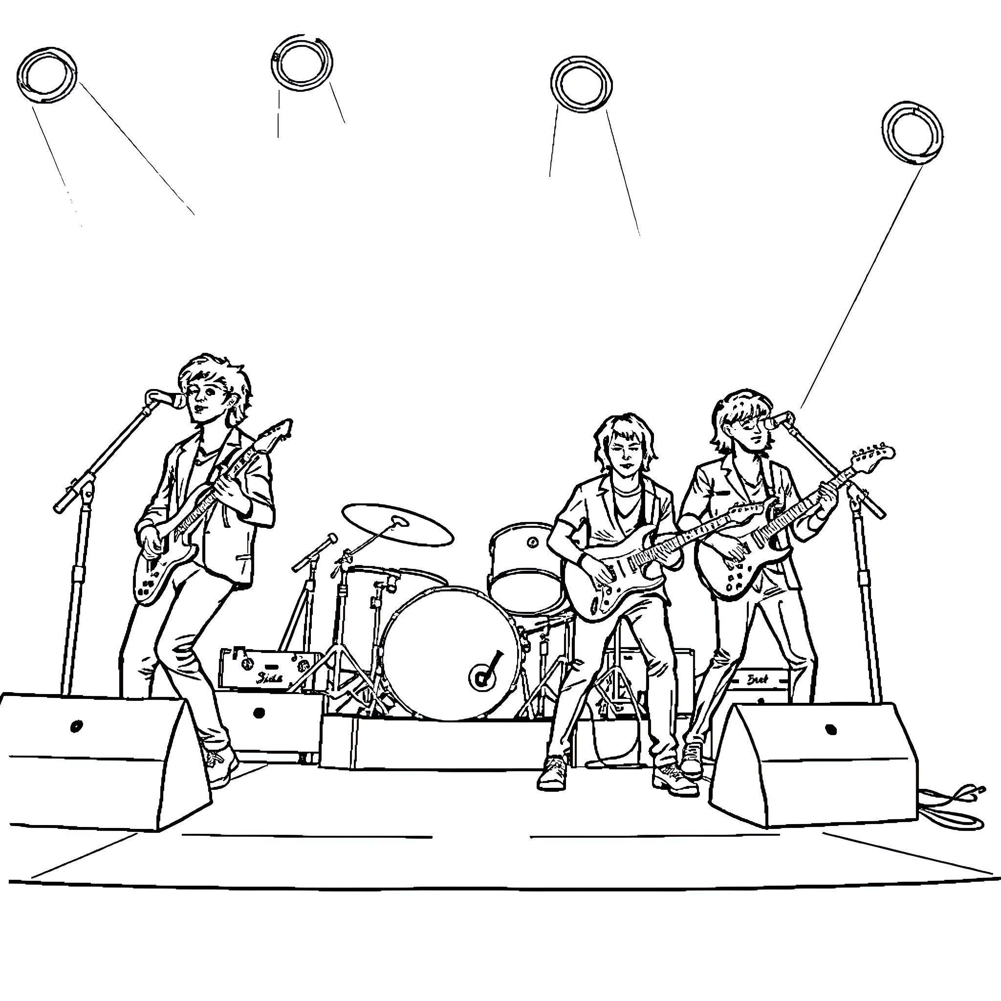 Fontaines DC - Band performing on stage Coloring Page (free black-and-white line drawing printable PDF for all, from beginners to advanced learners, including children, teens, adults, and seniors)