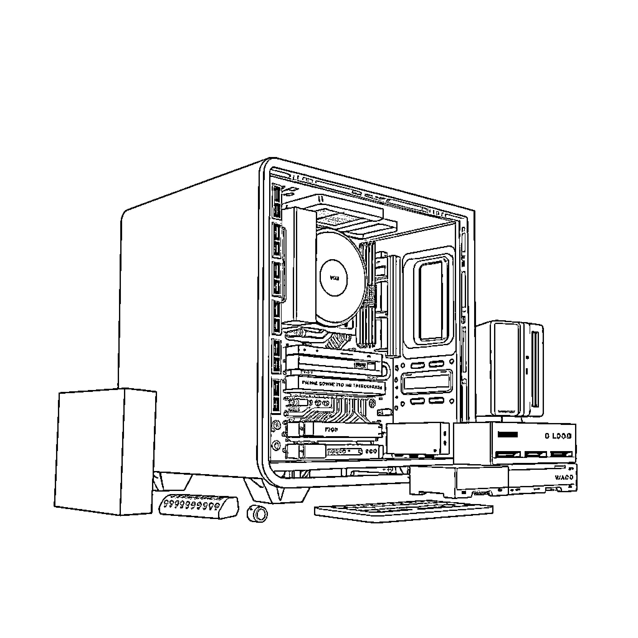 Computer Parts Assembled in Modern Desktop Case Coloring Page (free black-and-white line drawing printable PDF for all, from beginners to advanced learners, including children, teens, adults, and seniors)
