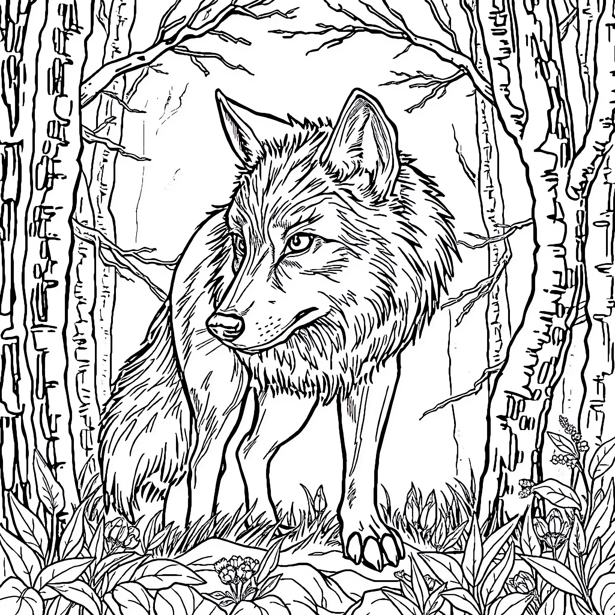 Wolf Gazing Intently in Forested Wilderness Coloring Page (free black-and-white line drawing printable PDF for all, from beginners to advanced learners, including children, teens, adults, and seniors)
