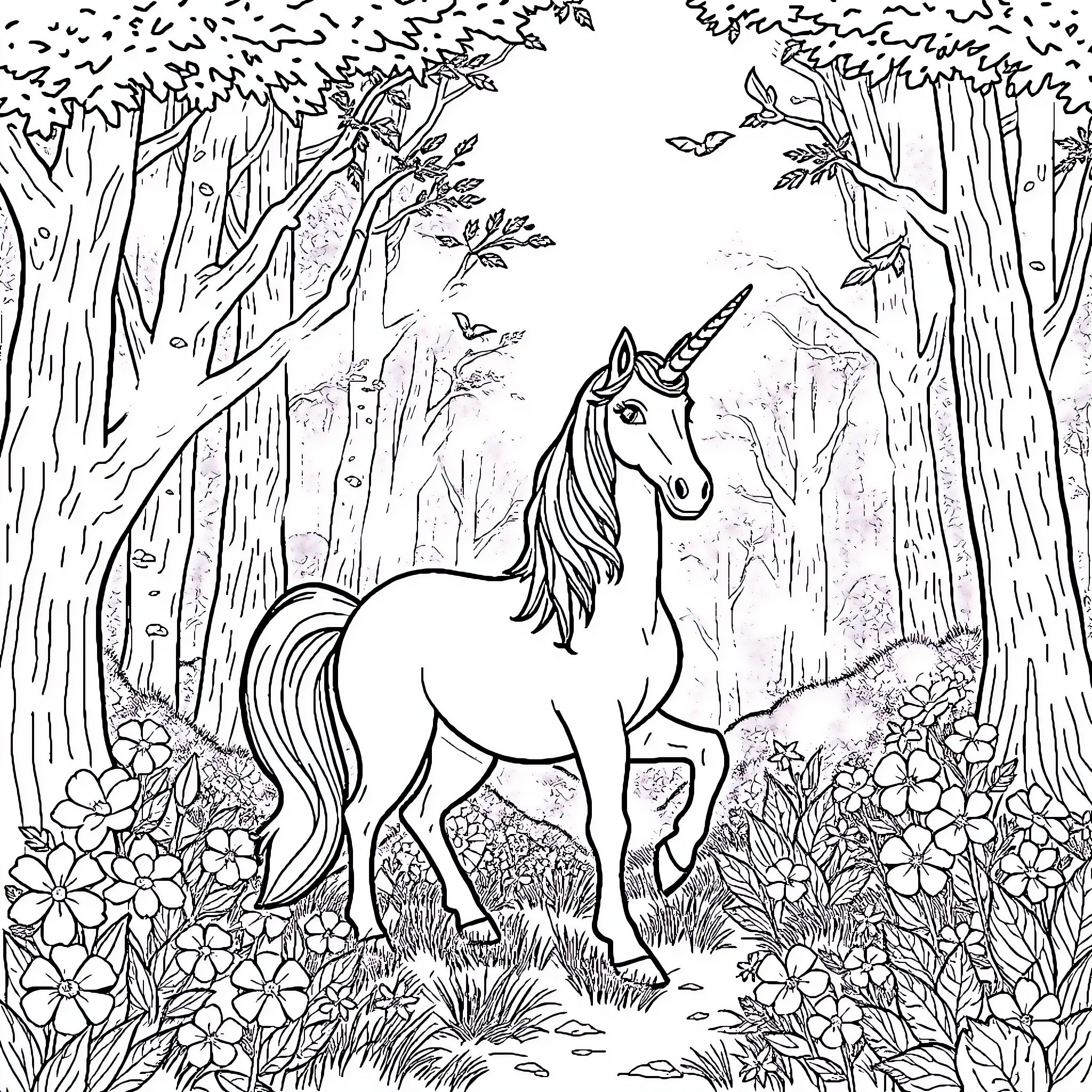 Unicorn in the enchanted forest Coloring Page (free black-and-white line drawing printable PDF for all, from beginners to advanced learners, including children, teens, adults, and seniors)