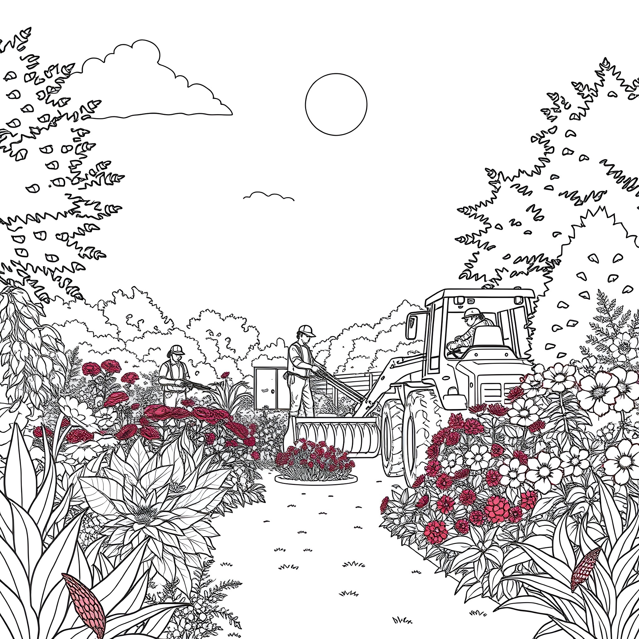 Landscape with workers in a garden Coloring Page (free black-and-white line drawing printable PDF for all, from beginners to advanced learners, including children, teens, adults, and seniors)