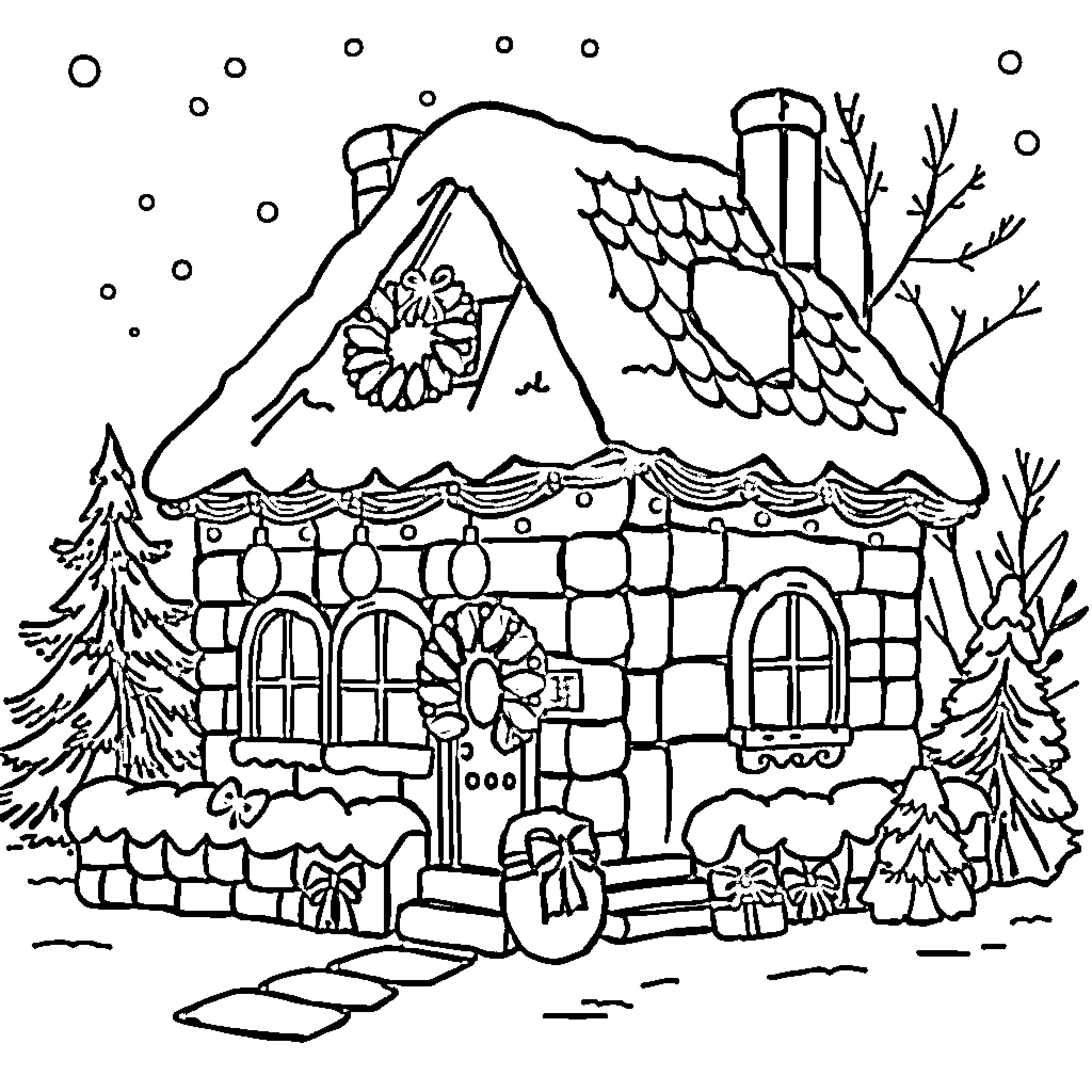 Gingerbread House with Decorations and Snowy Landscape Coloring Page (free black-and-white line drawing printable PDF for all, from beginners to advanced learners, including children, teens, adults, and seniors)