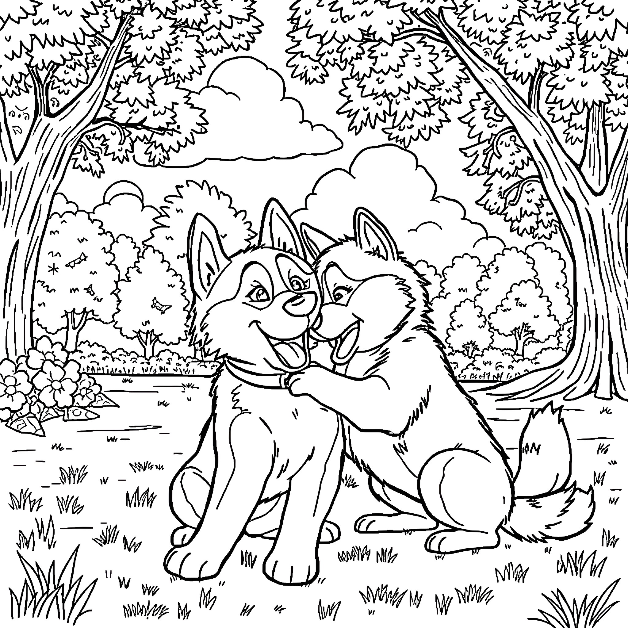 Labubu's Playful Adventure in the Enchanted Forest Coloring Page (free black-and-white line drawing printable PDF for all, from beginners to advanced learners, including children, teens, adults, and seniors)