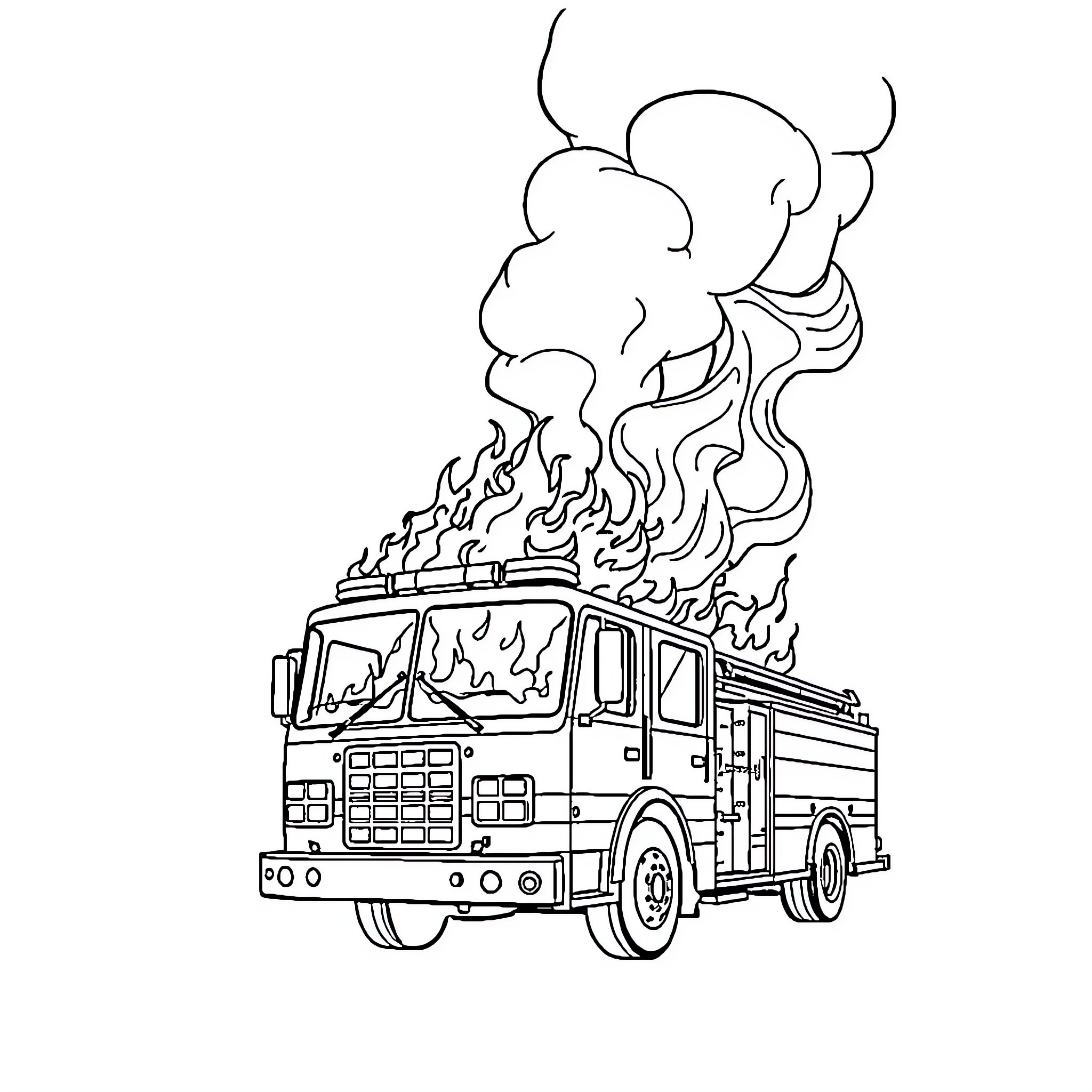 Firetruck rushing to emergency with billowing smoke Coloring Page (free black-and-white line drawing printable PDF for all, from beginners to advanced learners, including children, teens, adults, and seniors)