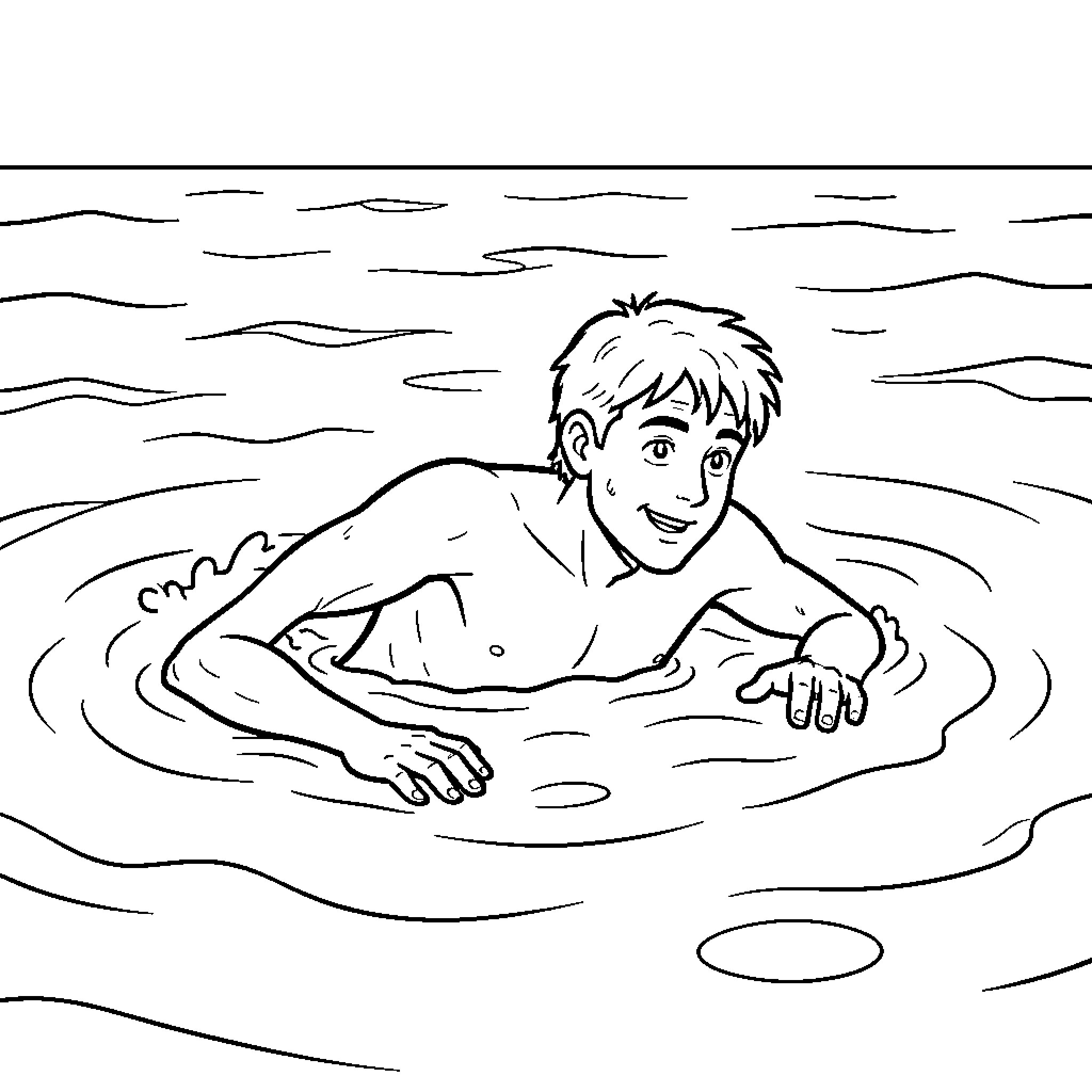 Marcus swimming happily in the water Coloring Page (free black-and-white line drawing printable PDF for all, from beginners to advanced learners, including children, teens, adults, and seniors)