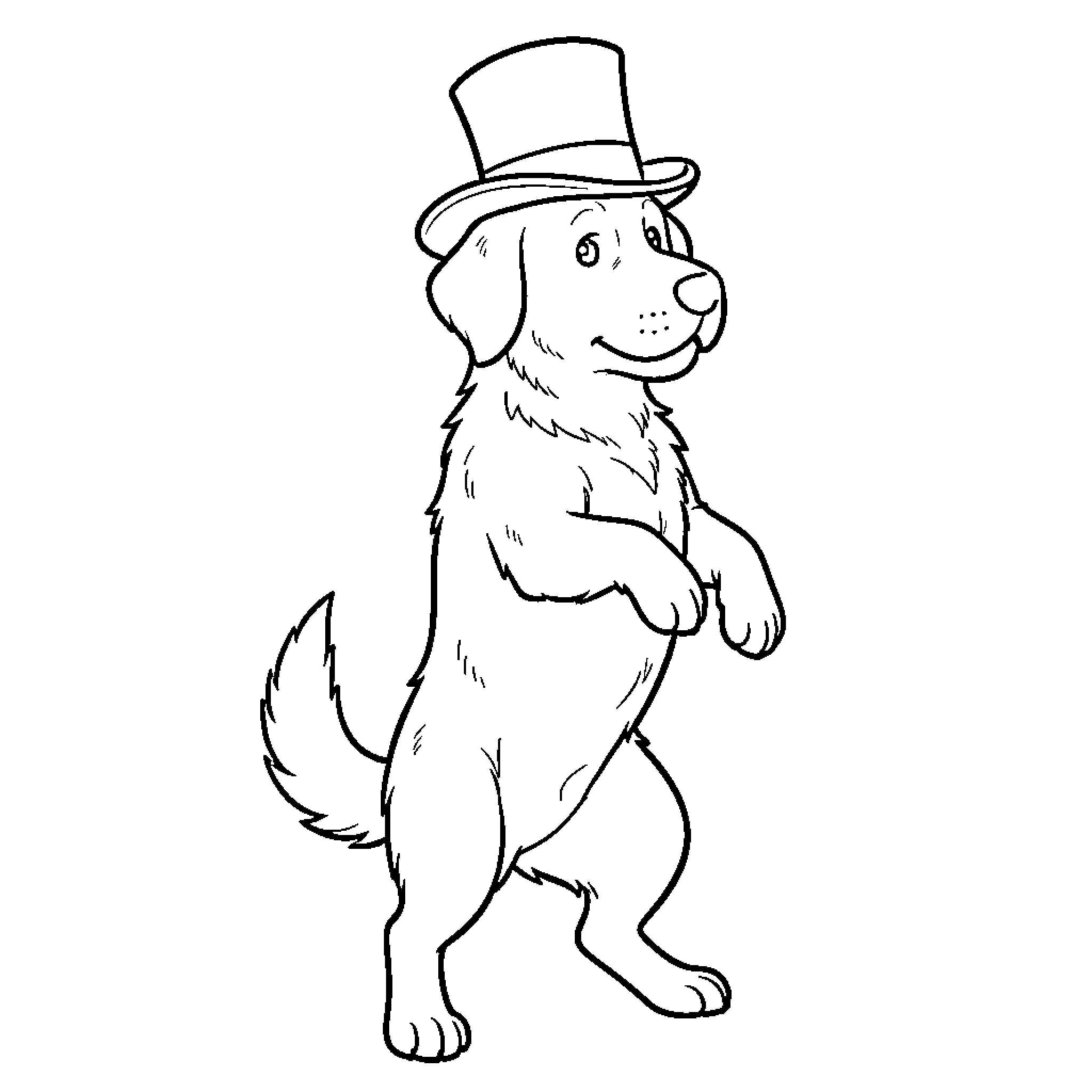 Dog wearing a top hat and standing upright Coloring Page (free black-and-white line drawing printable PDF for all, from beginners to advanced learners, including children, teens, adults, and seniors)