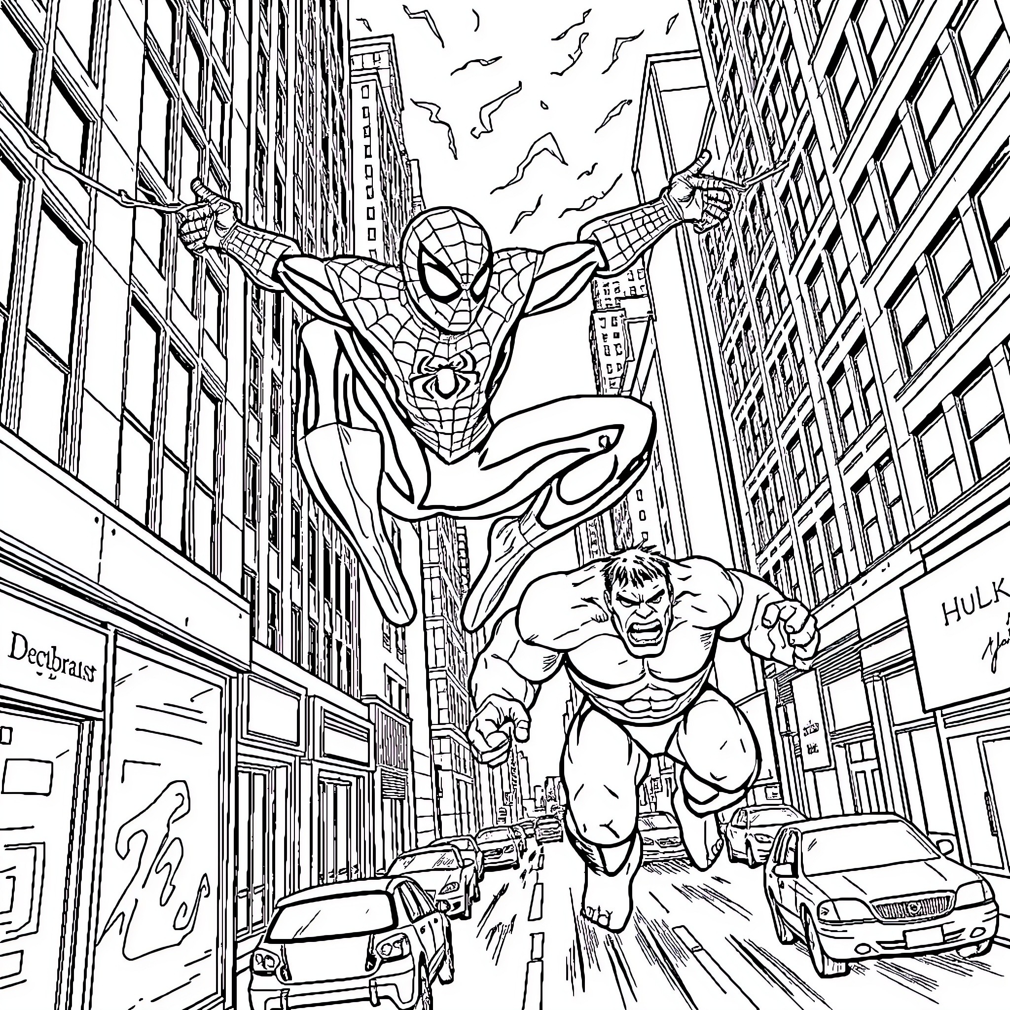 Spiderman and Hulk battling in the city streets Coloring Page (free black-and-white line drawing printable PDF for all, from beginners to advanced learners, including children, teens, adults, and seniors)