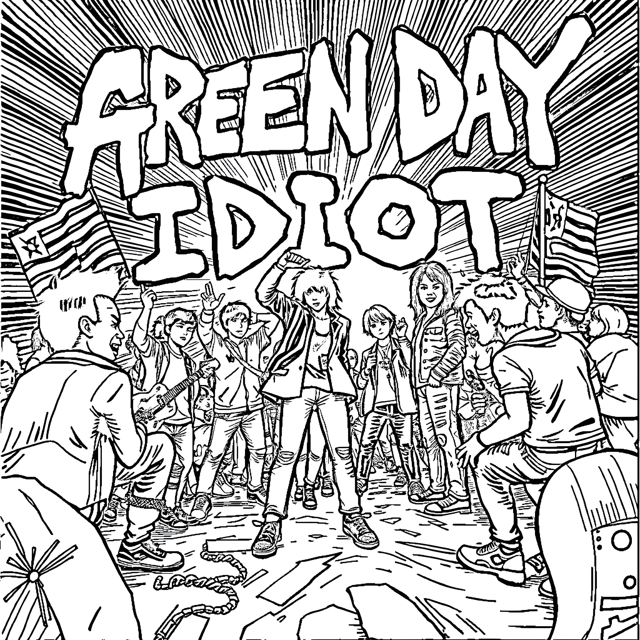 American Idiot: Energetic youth protest Coloring Page (free black-and-white line drawing printable PDF for all, from beginners to advanced learners, including children, teens, adults, and seniors)