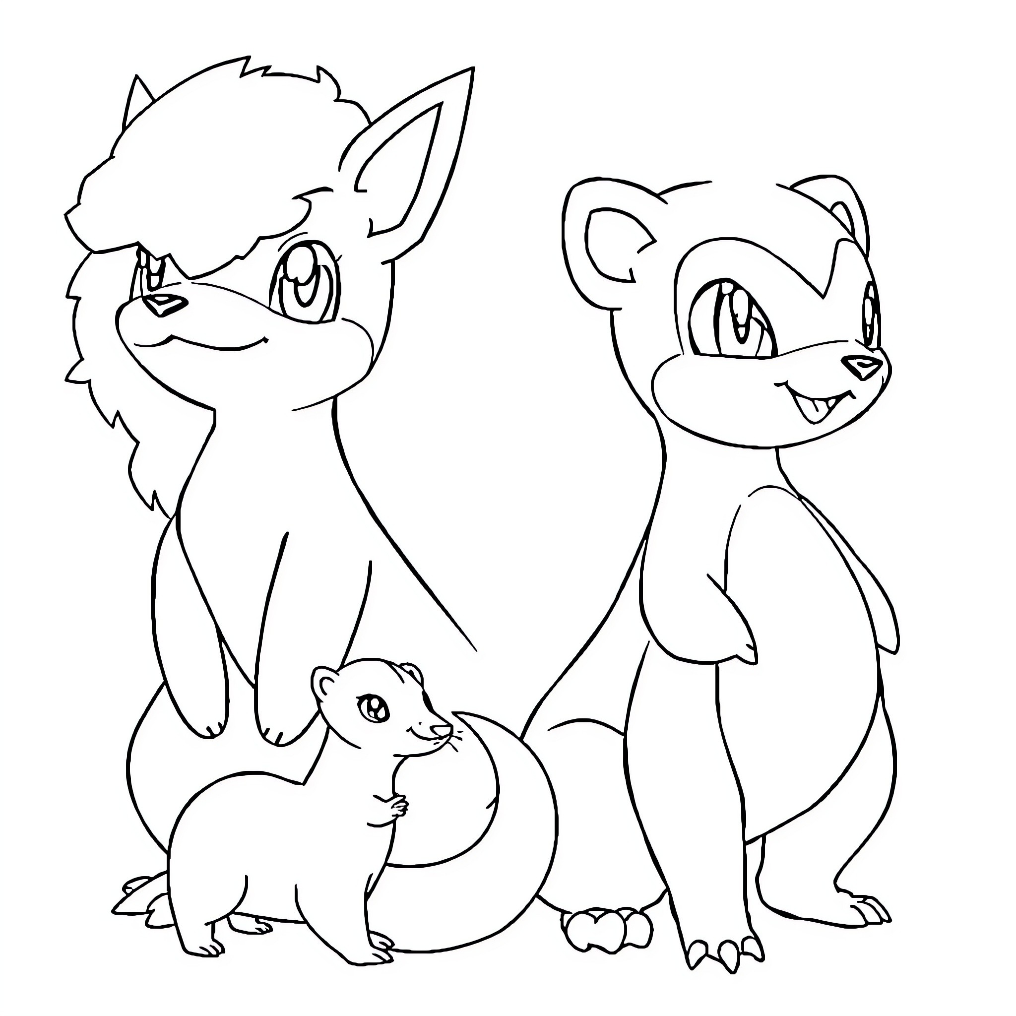 Pokémon creatures in playful poses Coloring Page (free black-and-white line drawing printable PDF for all, from beginners to advanced learners, including children, teens, adults, and seniors)