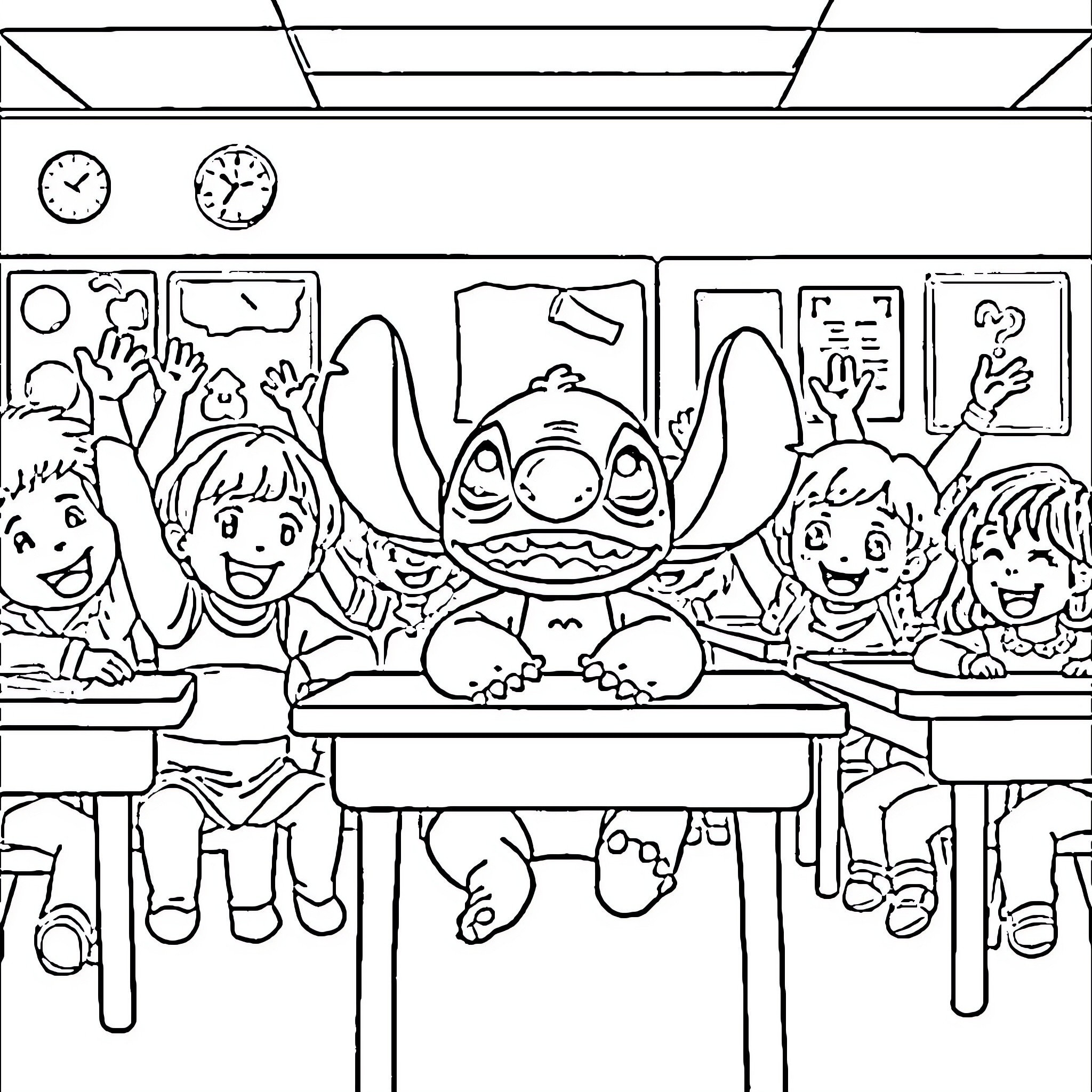 Stitch Causing Mischief in the Classroom Coloring Page (free black-and-white line drawing printable PDF for all, from beginners to advanced learners, including children, teens, adults, and seniors)