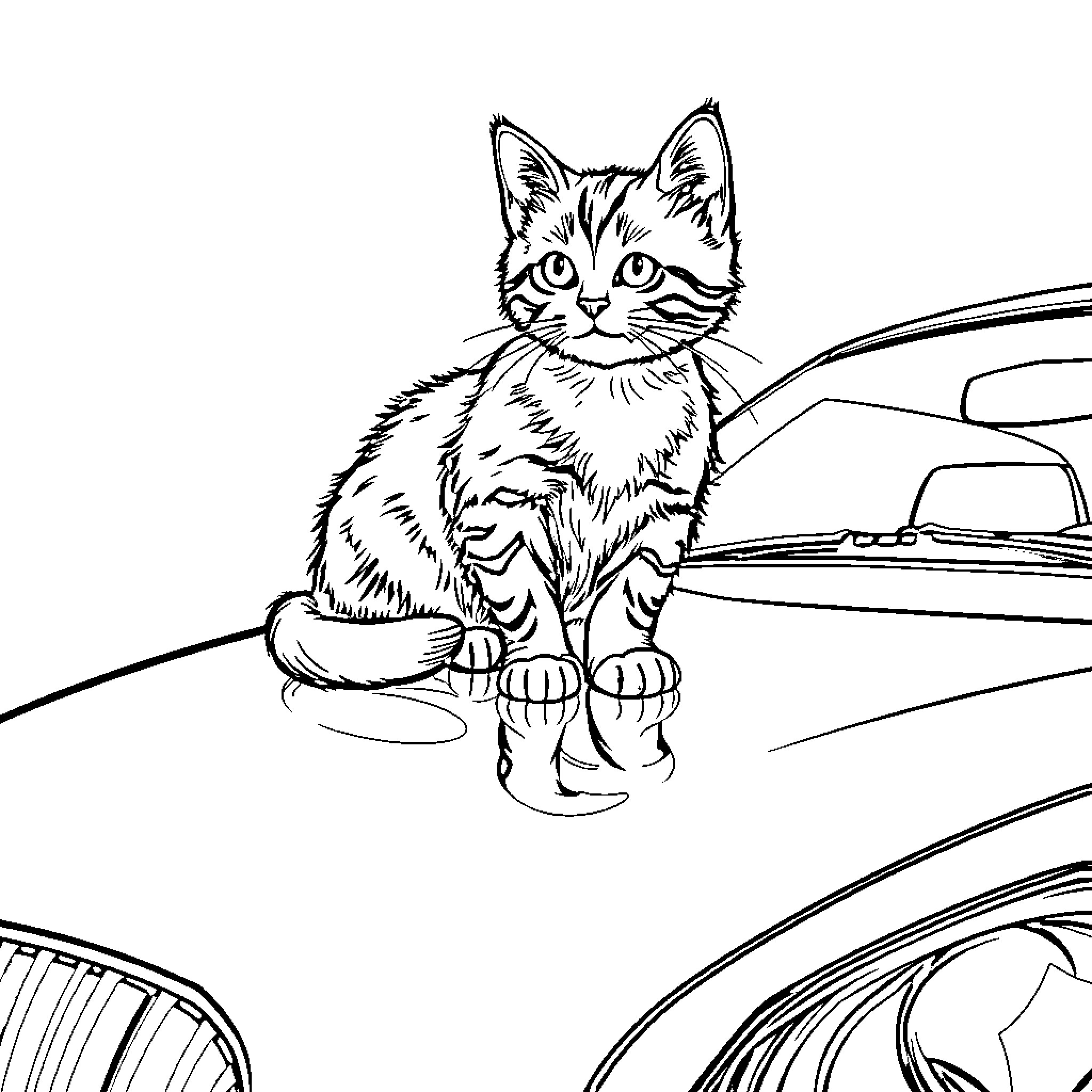 Cat Car Sitting Curiously on Vehicle Coloring Page (free black-and-white line drawing printable PDF for all, from beginners to advanced learners, including children, teens, adults, and seniors)