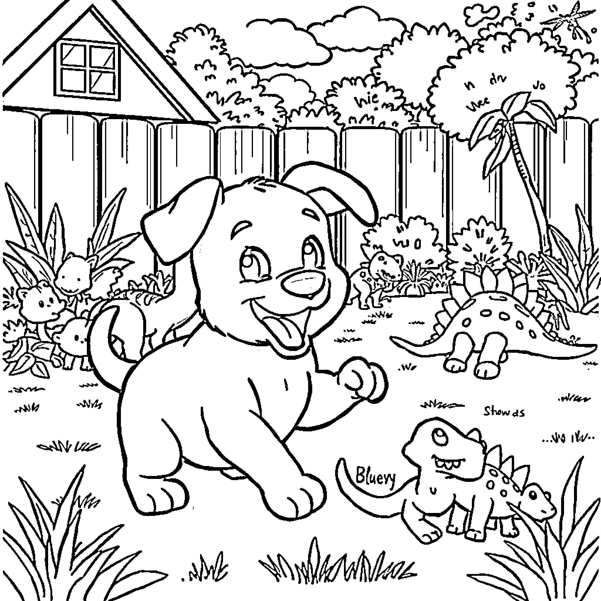 Bluey and friends explore the backyard adventure Coloring Page (free black-and-white line drawing printable PDF for all, from beginners to advanced learners, including children, teens, adults, and seniors)