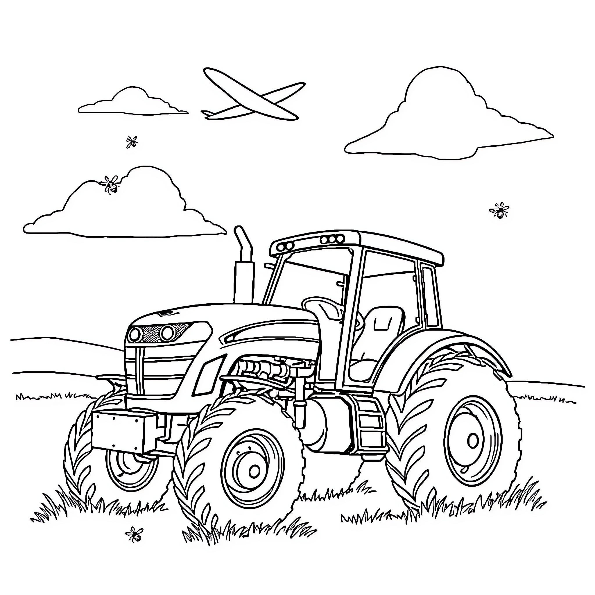 Plane flying over a tractor in the countryside Coloring Page (free black-and-white line drawing printable PDF for all, from beginners to advanced learners, including children, teens, adults, and seniors)