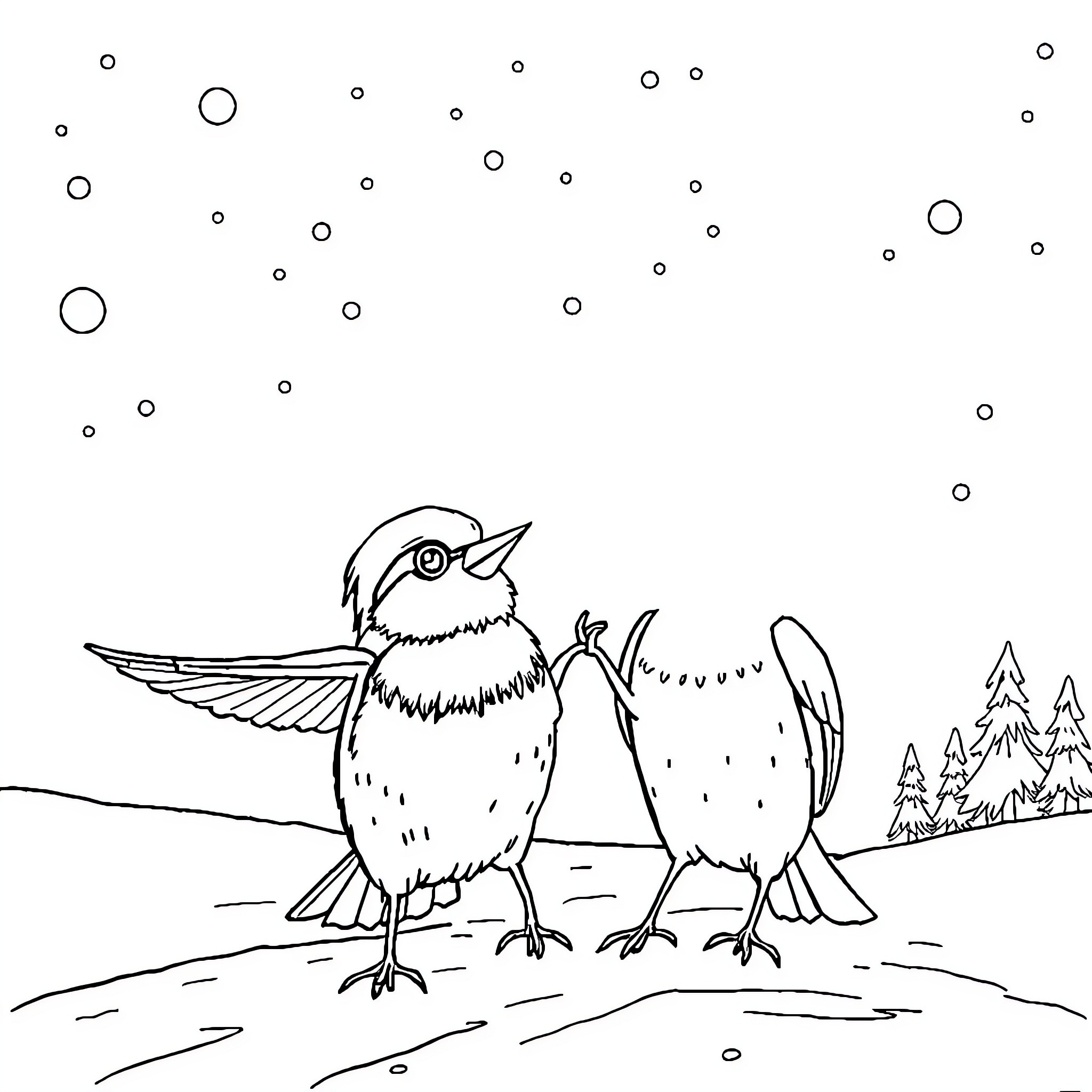 Patrouille of cute birds in a snowy landscape Coloring Page (free black-and-white line drawing printable PDF for all, from beginners to advanced learners, including children, teens, adults, and seniors)