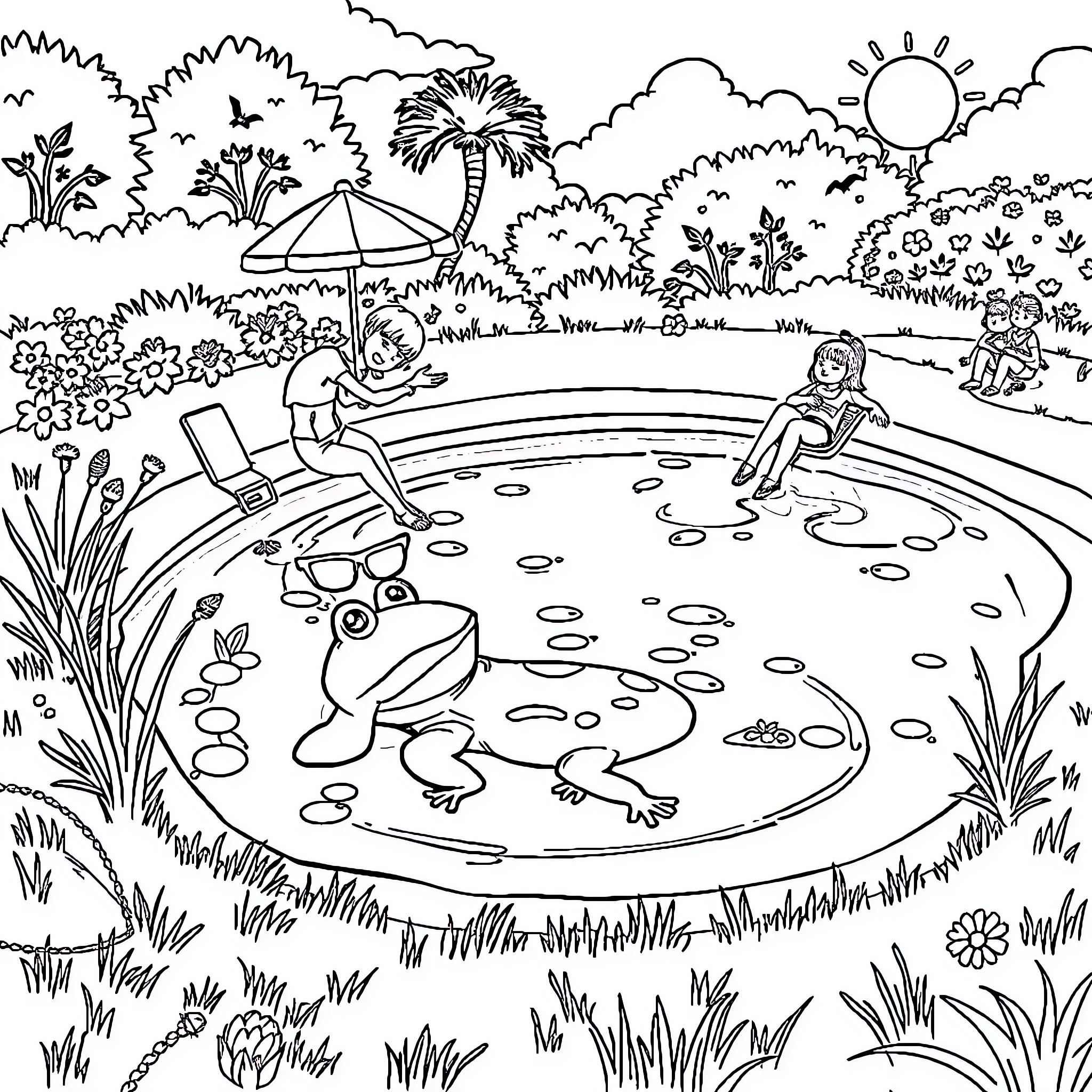 Frogs relaxing in a scenic pond Coloring Page (free black-and-white line drawing printable PDF for all, from beginners to advanced learners, including children, teens, adults, and seniors)
