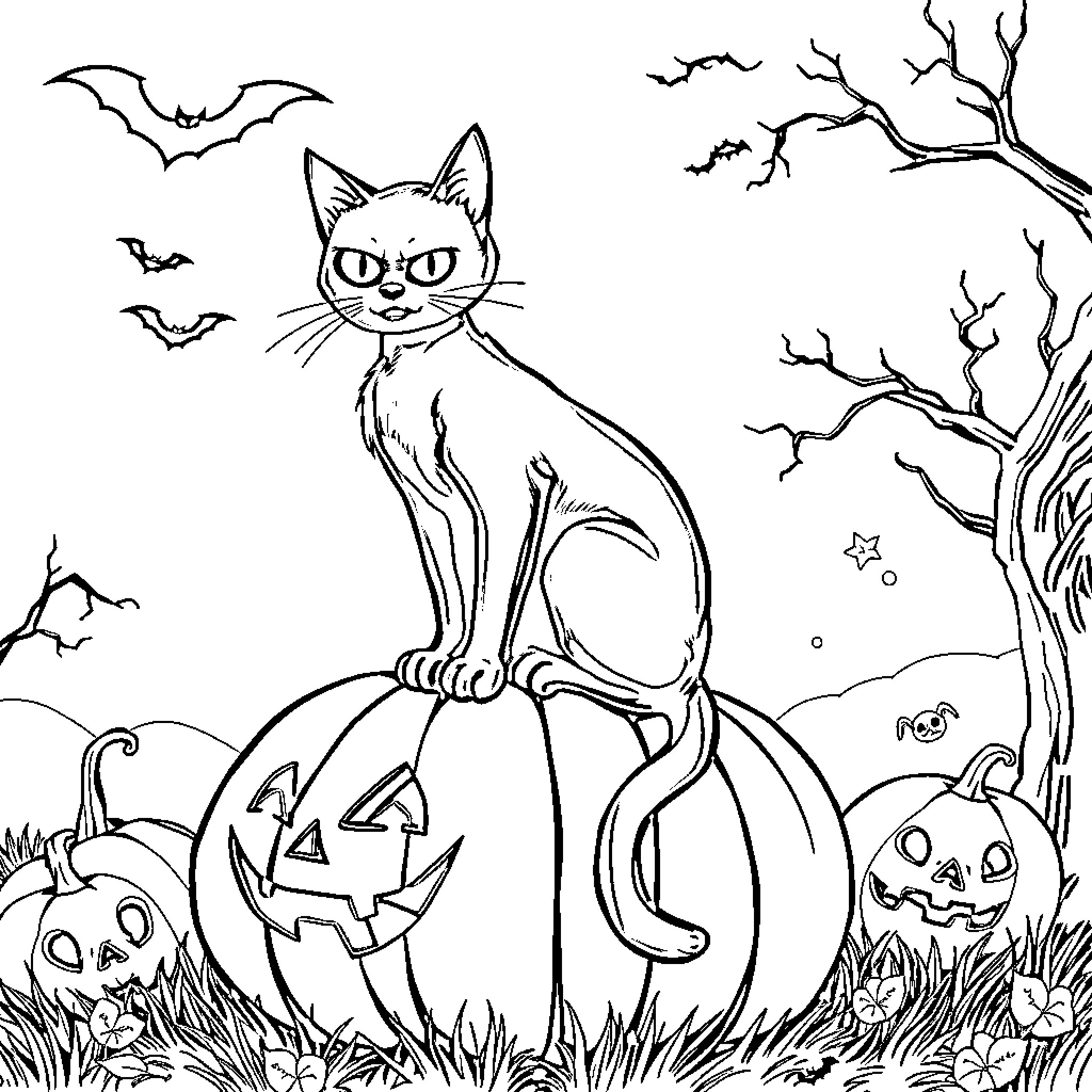Cat in Halloween Scene with Pumpkins and Bats Coloring Page (free black-and-white line drawing printable PDF for all, from beginners to advanced learners, including children, teens, adults, and seniors)