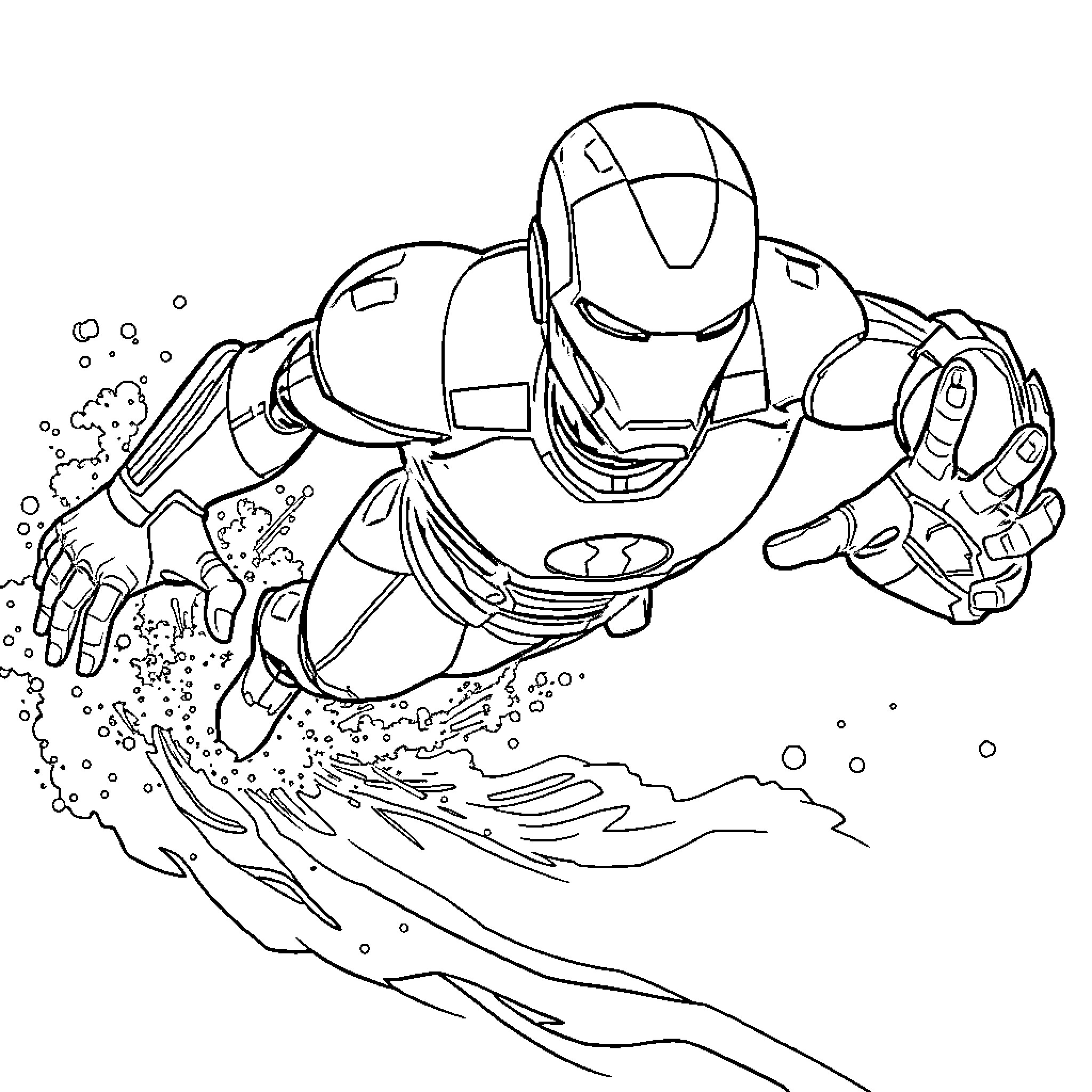 Ironman soaring through the air with determination Coloring Page (free black-and-white line drawing printable PDF for all, from beginners to advanced learners, including children, teens, adults, and seniors)