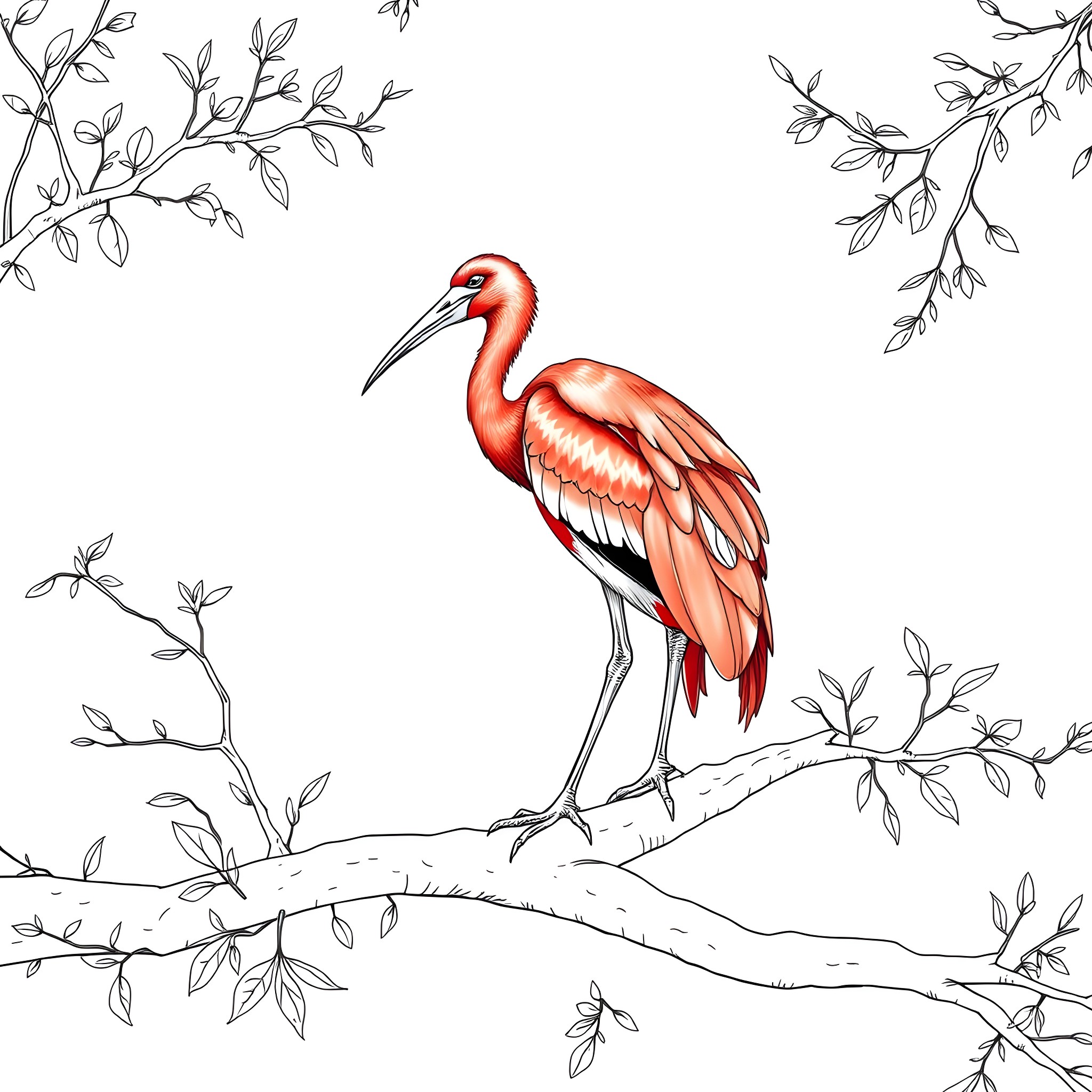 Ibis perched on a branch among foliage Coloring Page (free black-and-white line drawing printable PDF for all, from beginners to advanced learners, including children, teens, adults, and seniors)