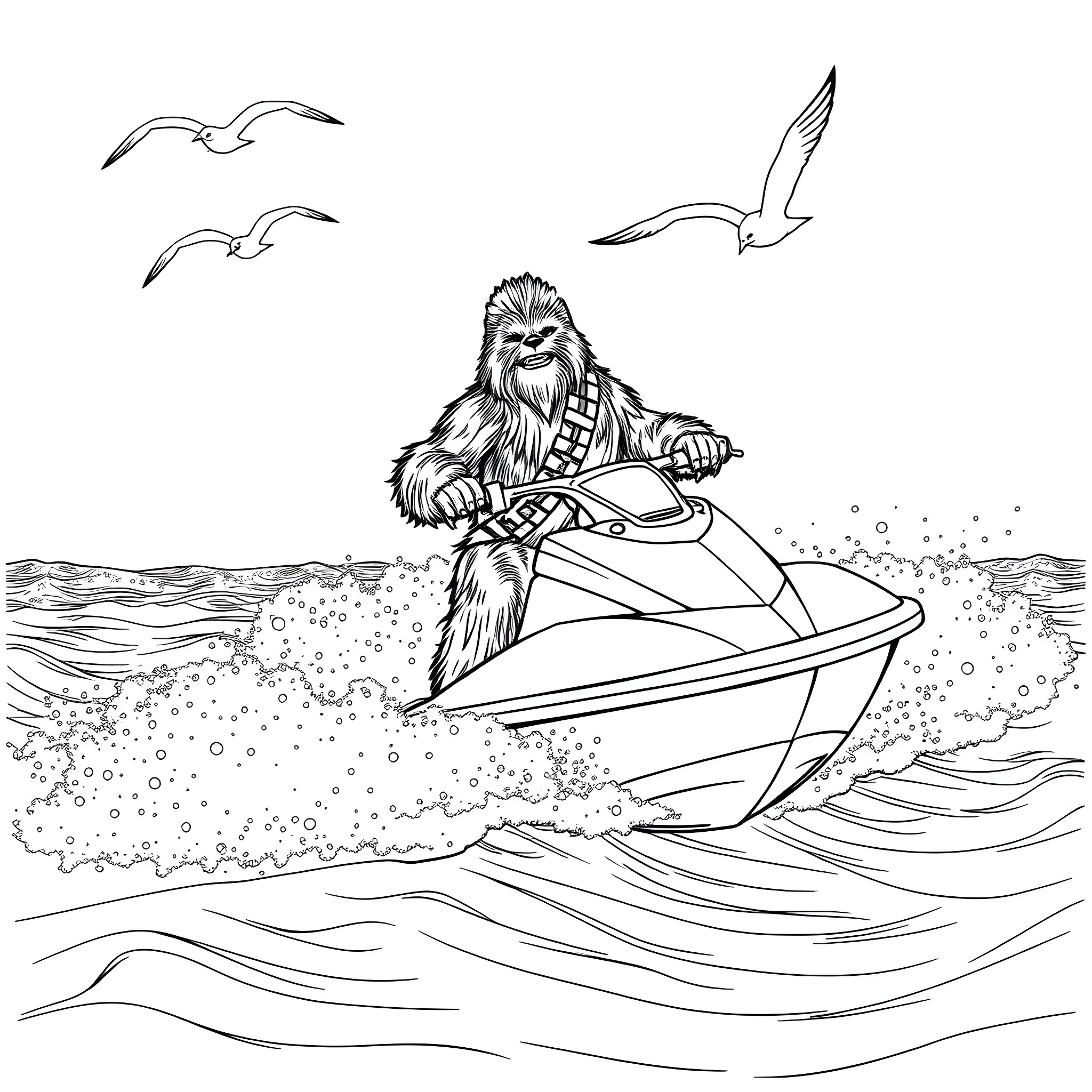Chewbacca riding a jetski in the ocean Coloring Page (free black-and-white line drawing printable PDF for all, from beginners to advanced learners, including children, teens, adults, and seniors)