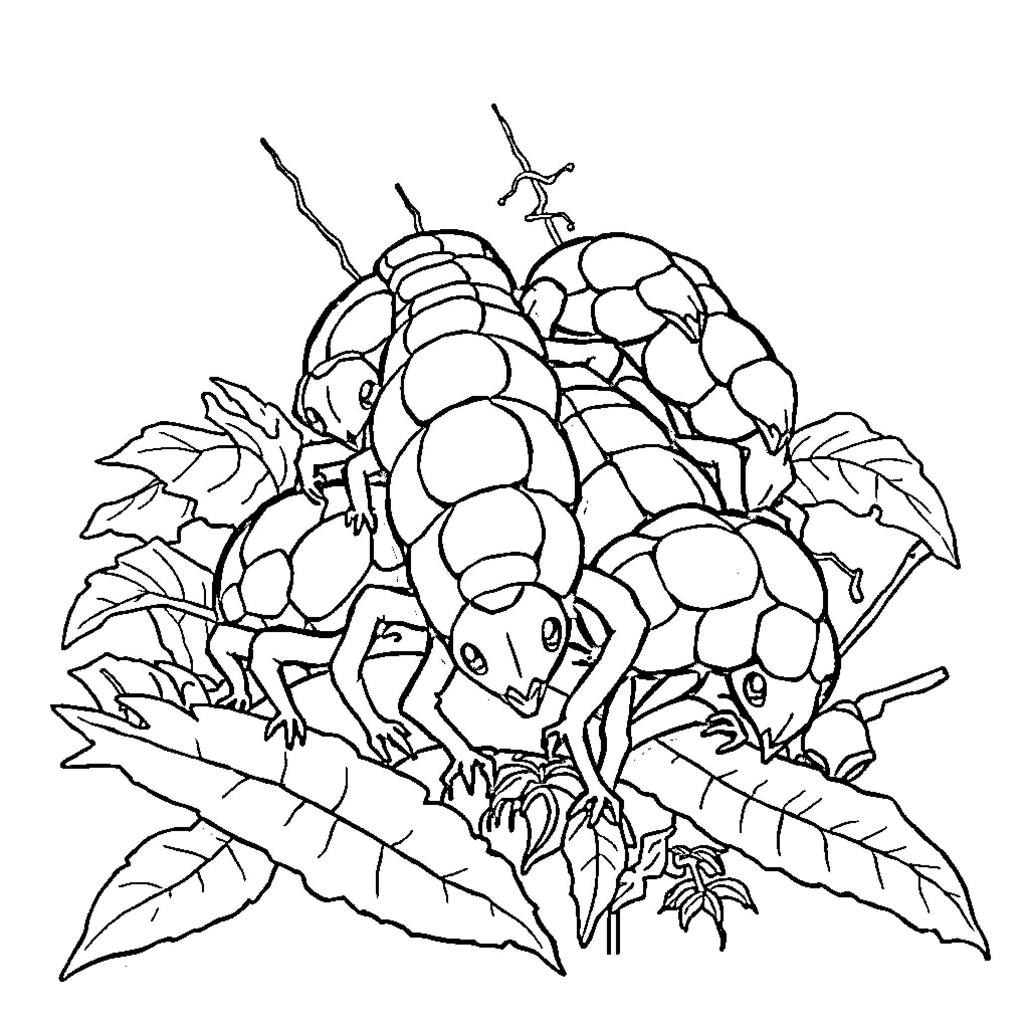 Centipede crawling amidst foliage Coloring Page (free black-and-white line drawing printable PDF for all, from beginners to advanced learners, including children, teens, adults, and seniors)