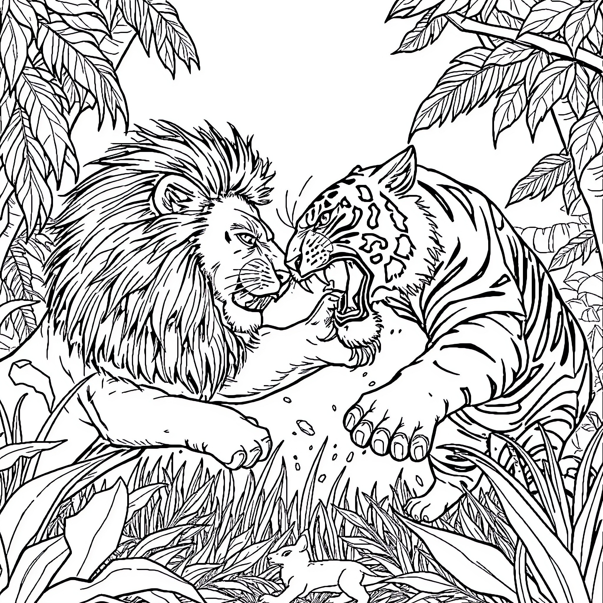 Lion vs Tiger Fierce Confrontation in Jungle Coloring Page (free black-and-white line drawing printable PDF for all, from beginners to advanced learners, including children, teens, adults, and seniors)