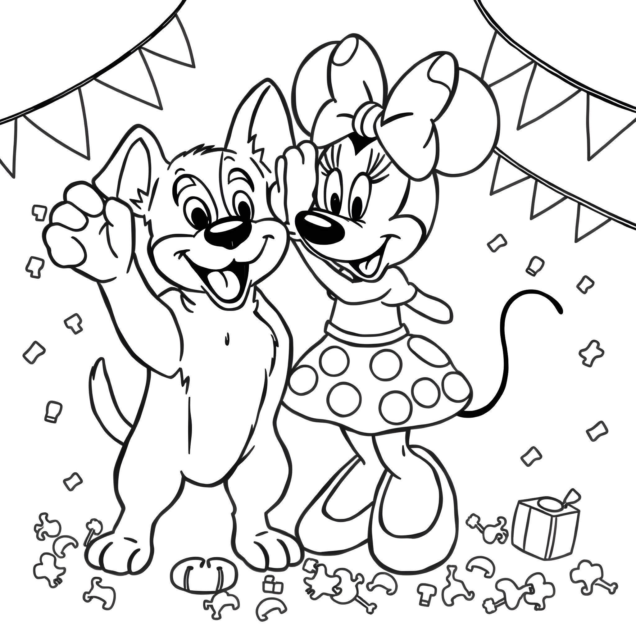 Blue Heeler dogs celebrating a party with decorations Coloring Page (free black-and-white line drawing printable PDF for all, from beginners to advanced learners, including children, teens, adults, and seniors)