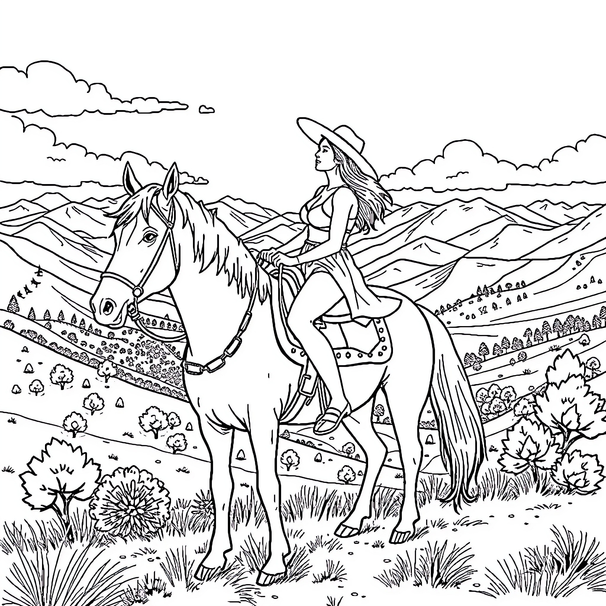 Mexico woman riding a horse through the countryside Coloring Page (free black-and-white line drawing printable PDF for all, from beginners to advanced learners, including children, teens, adults, and seniors)
