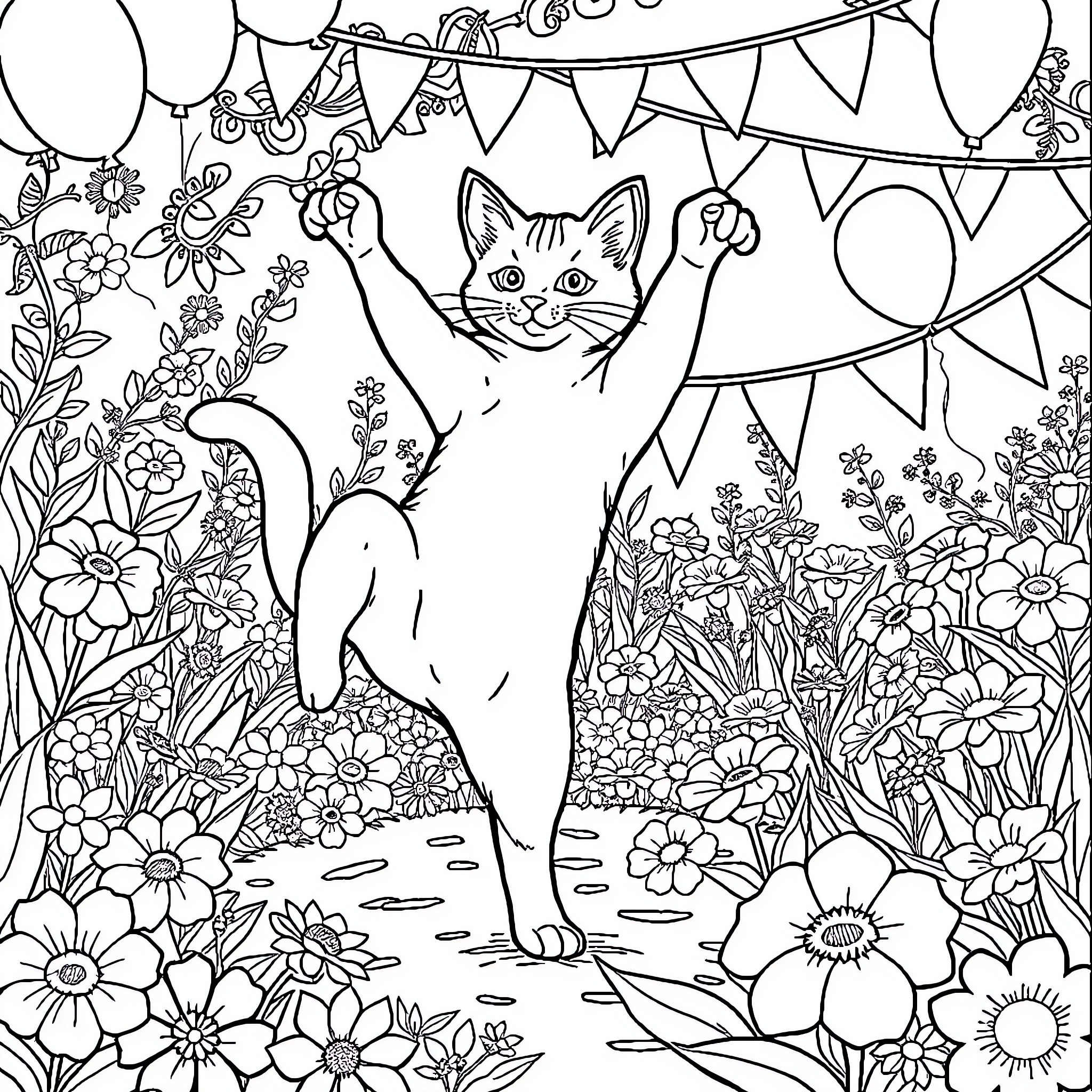 Cat playing in a floral garden with party decorations Coloring Page (free black-and-white line drawing printable PDF for all, from beginners to advanced learners, including children, teens, adults, and seniors)