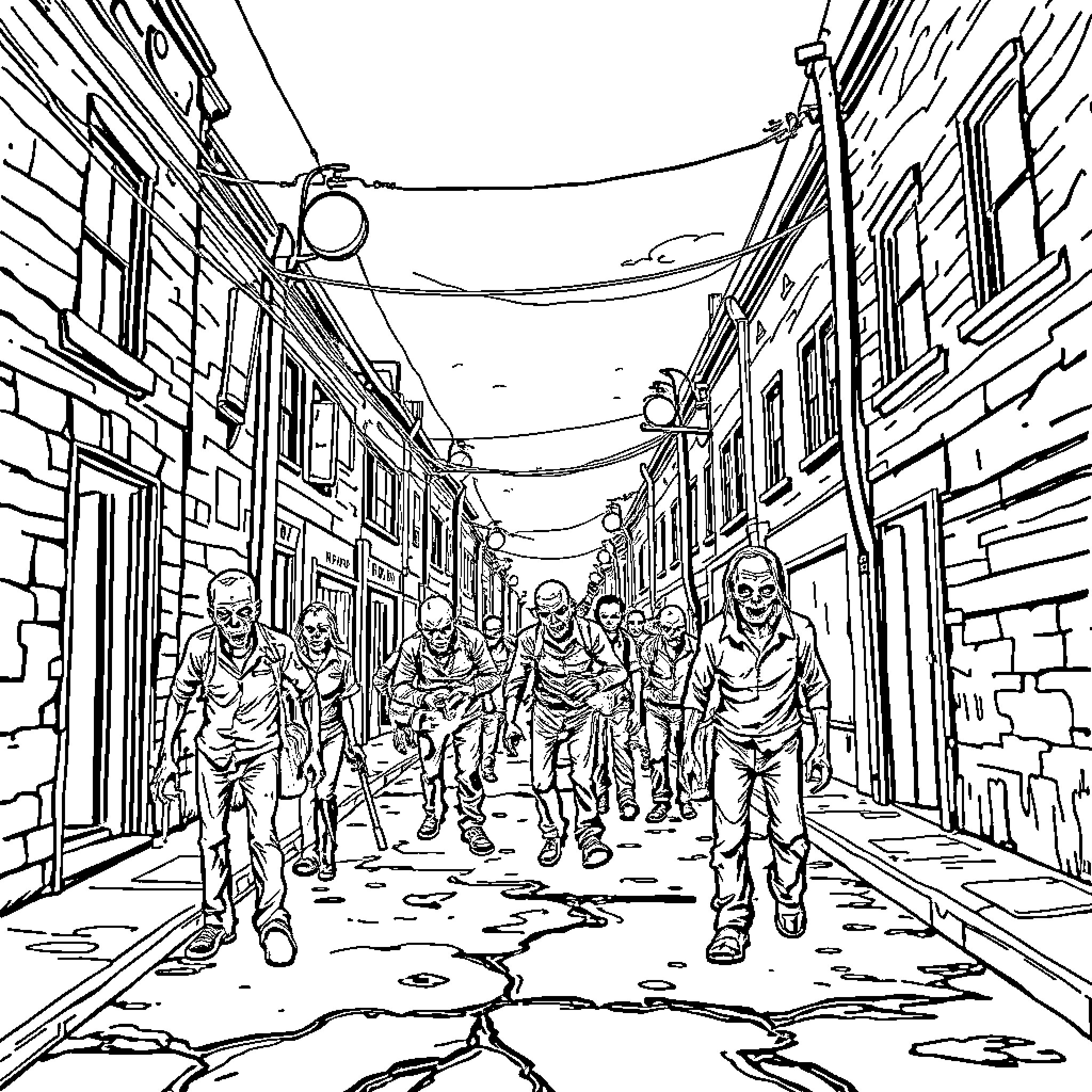 Zombie Horde Marching Through the Desolate Streets Coloring Page (free black-and-white line drawing printable PDF for all, from beginners to advanced learners, including children, teens, adults, and seniors)