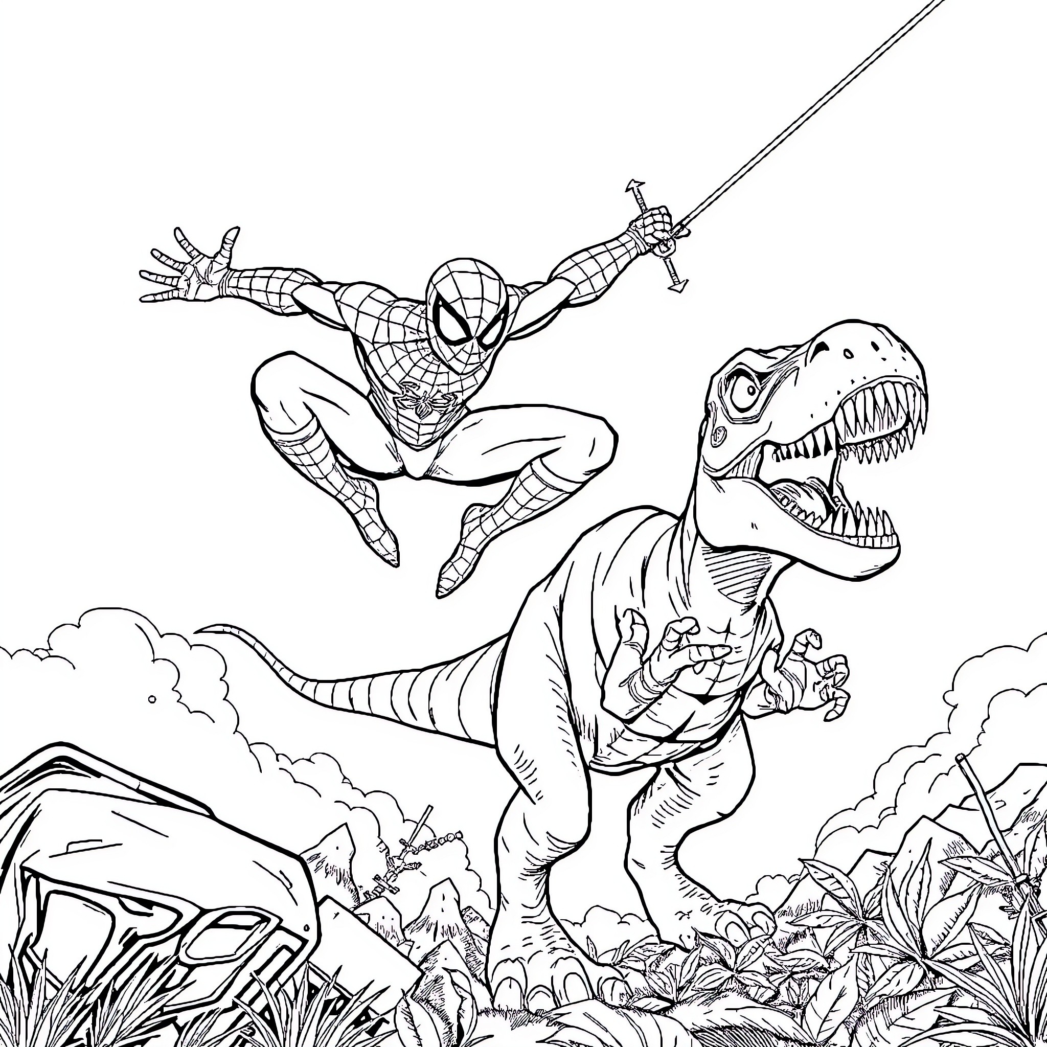 Spiderman battling a mighty T-Rex in the wilderness Coloring Page (free black-and-white line drawing printable PDF for all, from beginners to advanced learners, including children, teens, adults, and seniors)
