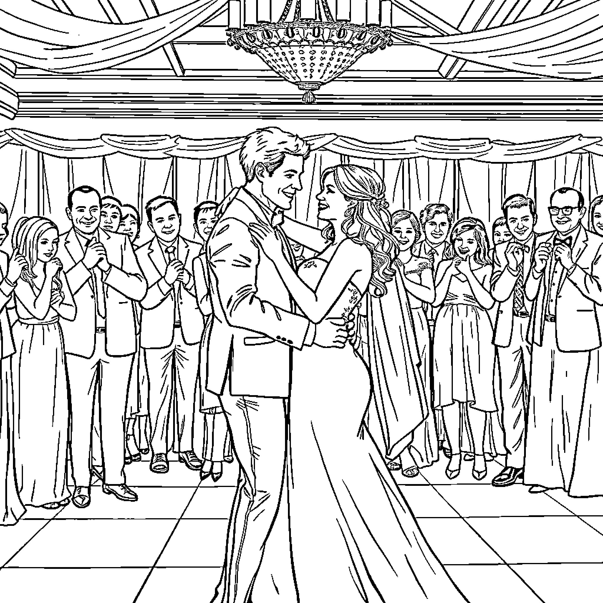 Couple dancing at formal event with crowd Coloring Page (free black-and-white line drawing printable PDF for all, from beginners to advanced learners, including children, teens, adults, and seniors)