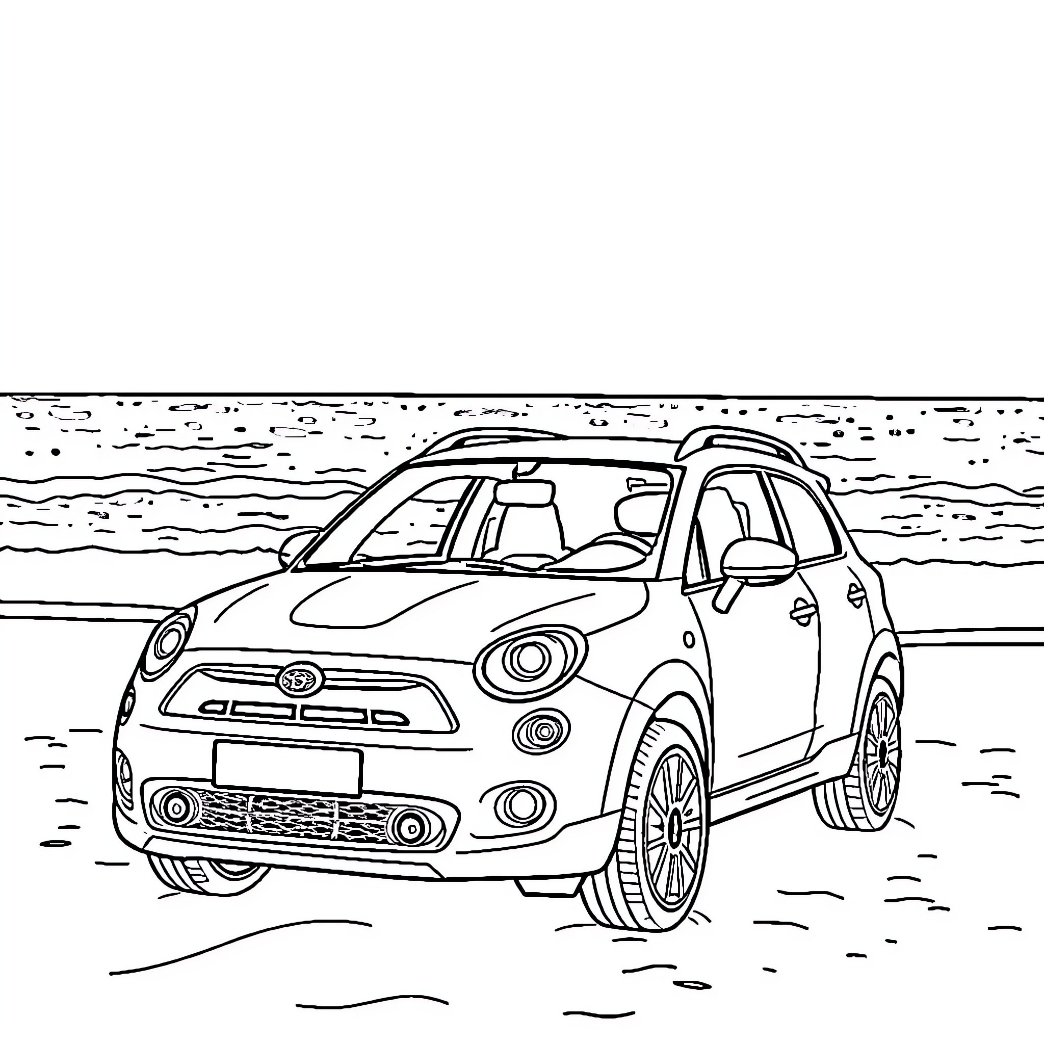 Car driving on a sandy beach Coloring Page (free black-and-white line drawing printable PDF for all, from beginners to advanced learners, including children, teens, adults, and seniors)