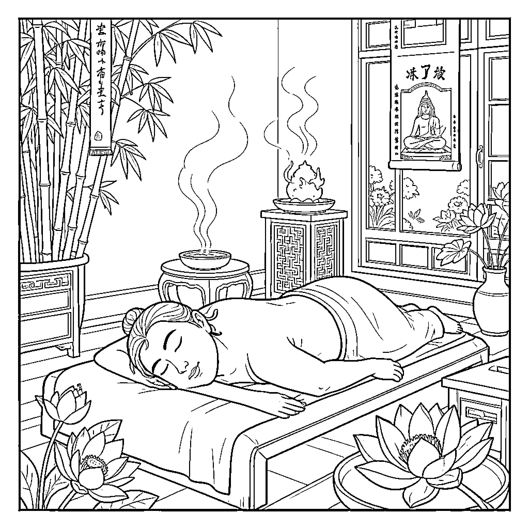 Lotos figure resting peacefully in a serene indoor setting Coloring Page (free black-and-white line drawing printable PDF for all, from beginners to advanced learners, including children, teens, adults, and seniors)