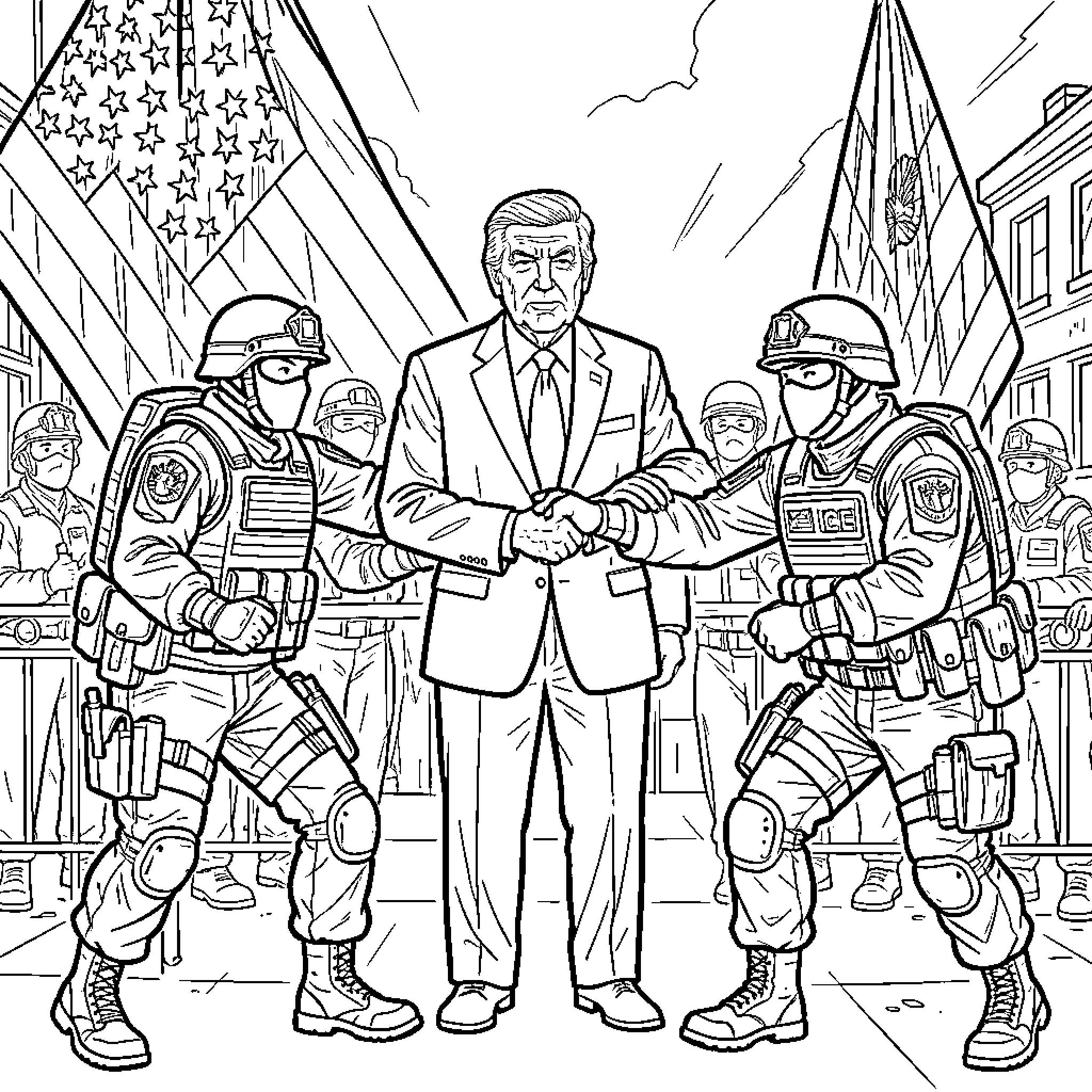 Ice Agent - Handshake between government official and armed agents Coloring Page (free black-and-white line drawing printable PDF for all, from beginners to advanced learners, including children, teens, adults, and seniors)