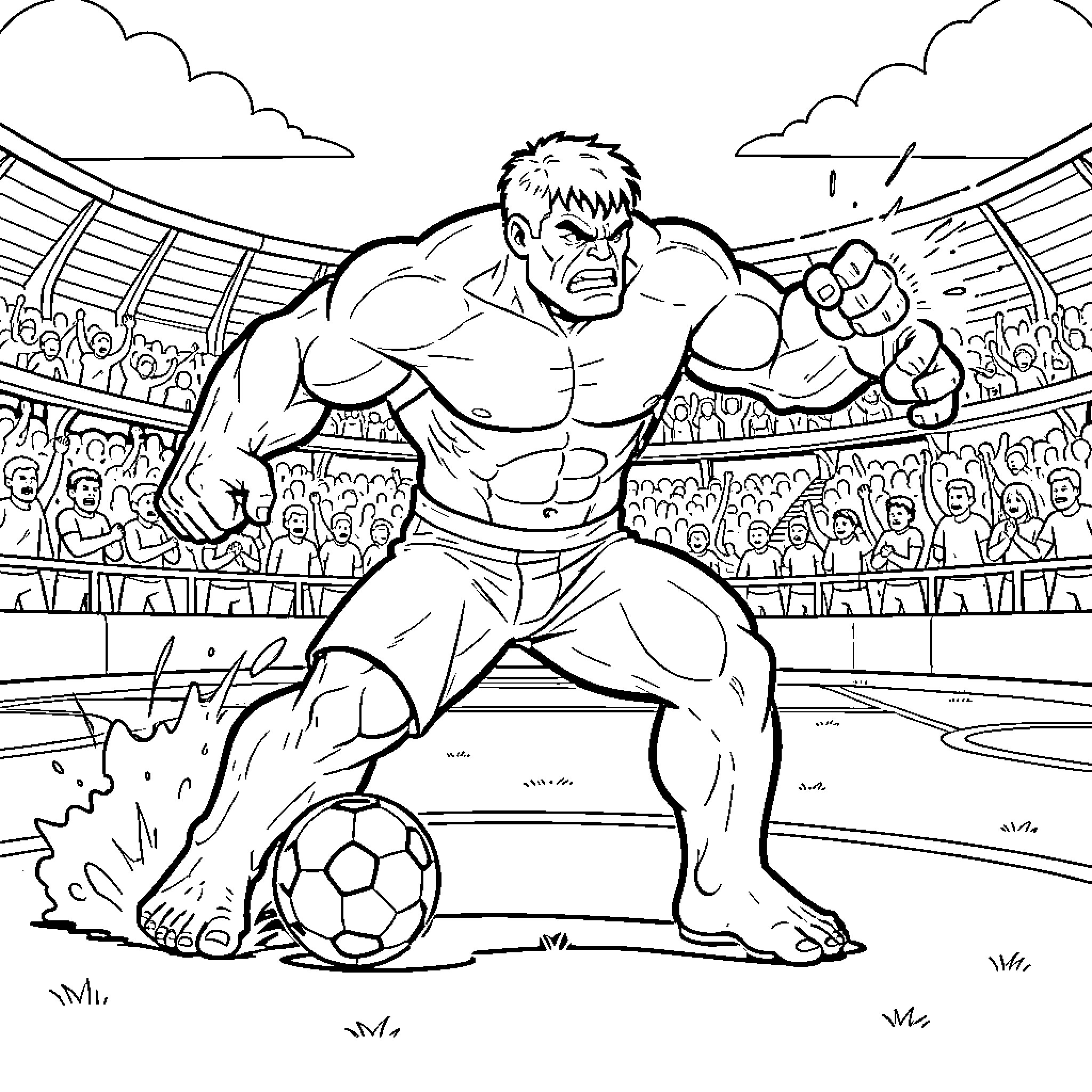 Hulk playing soccer intensely in a crowded stadium Coloring Page (free black-and-white line drawing printable PDF for all, from beginners to advanced learners, including children, teens, adults, and seniors)